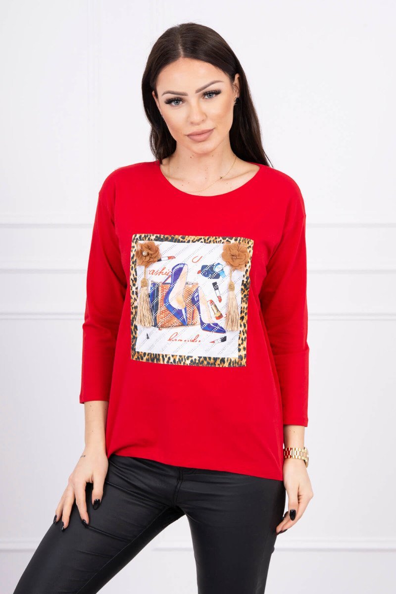 Blouse With 3D Graphics And Decorative Pom Pom Red