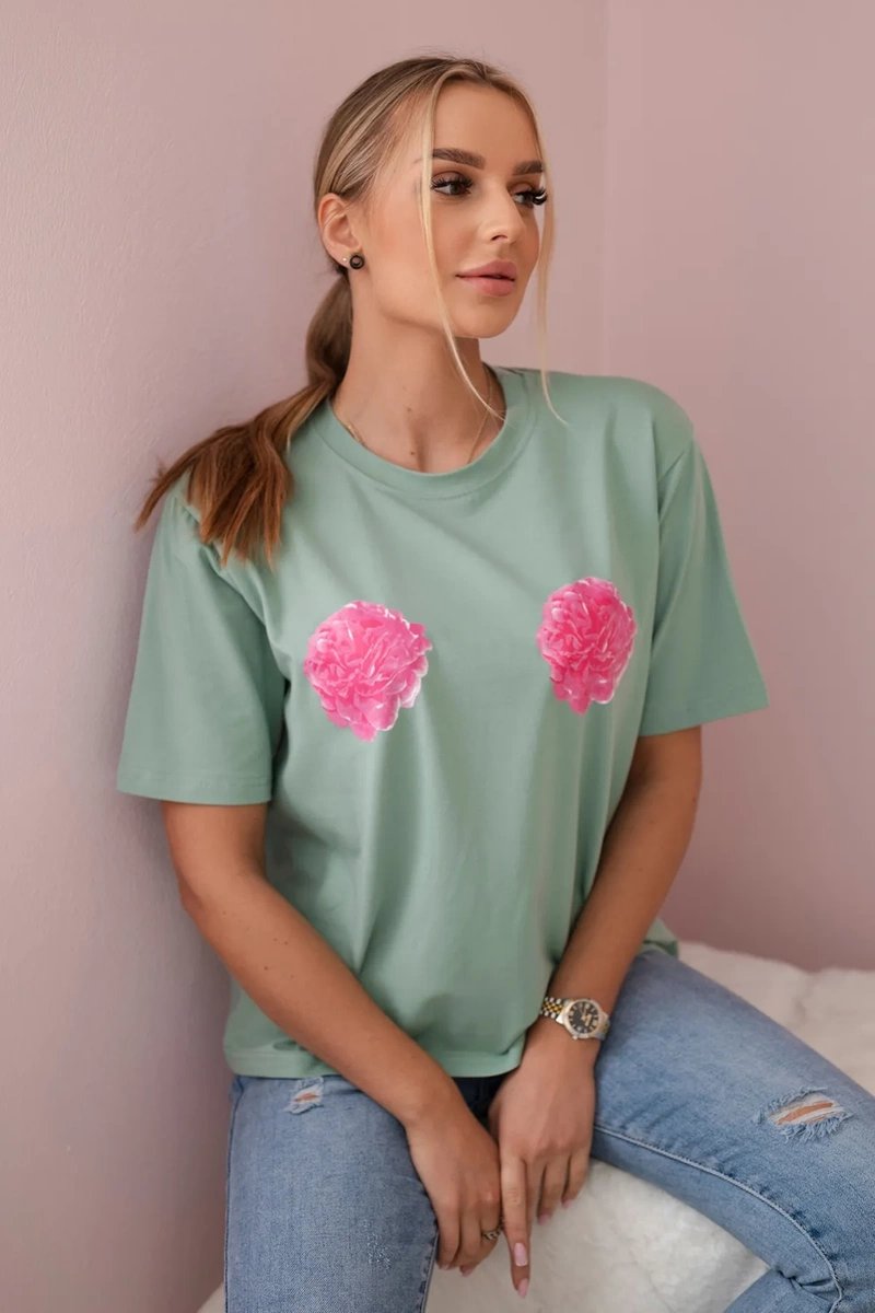 Cotton blouse with flower print dark mint