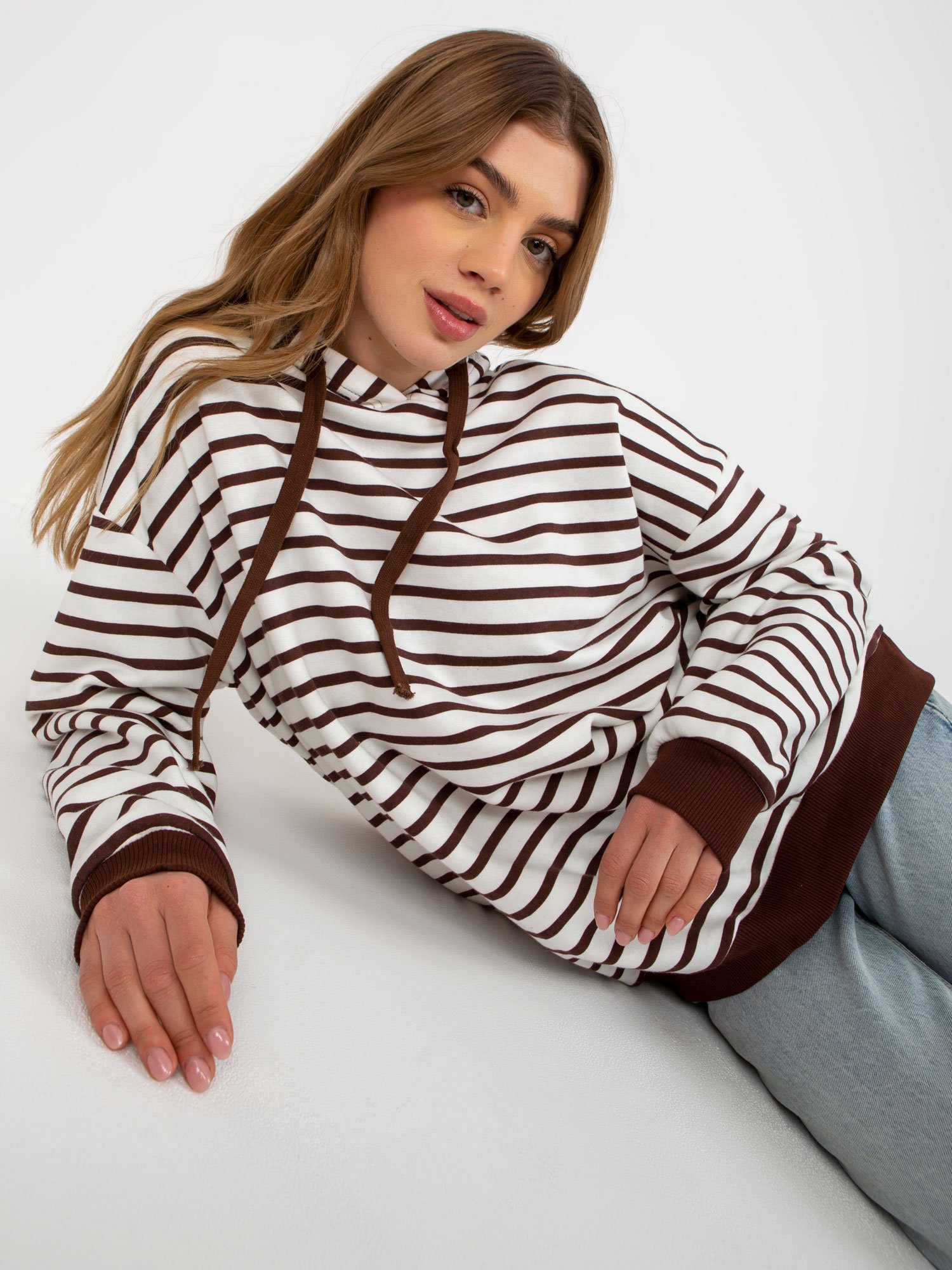 Dark Brown-white Striped Sweatshirt Of A Loose Fit