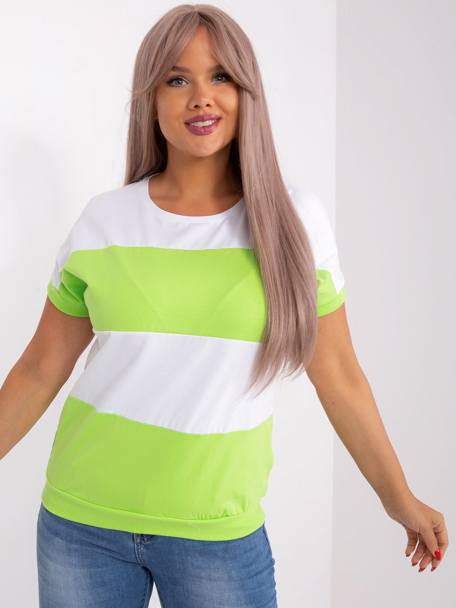 Ecru Light Green Striped Blouse Larger Size