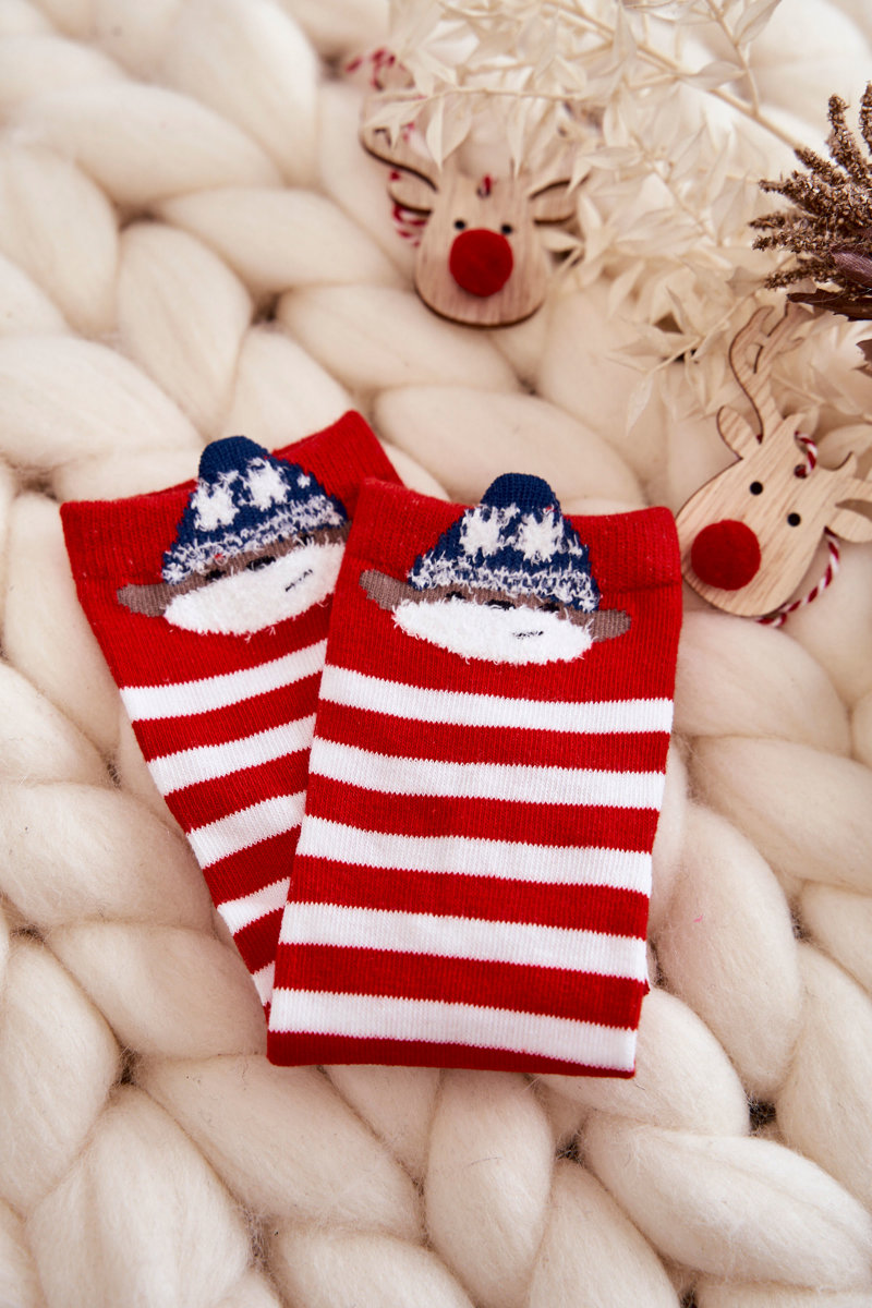 Youth striped socks with a bear red with white