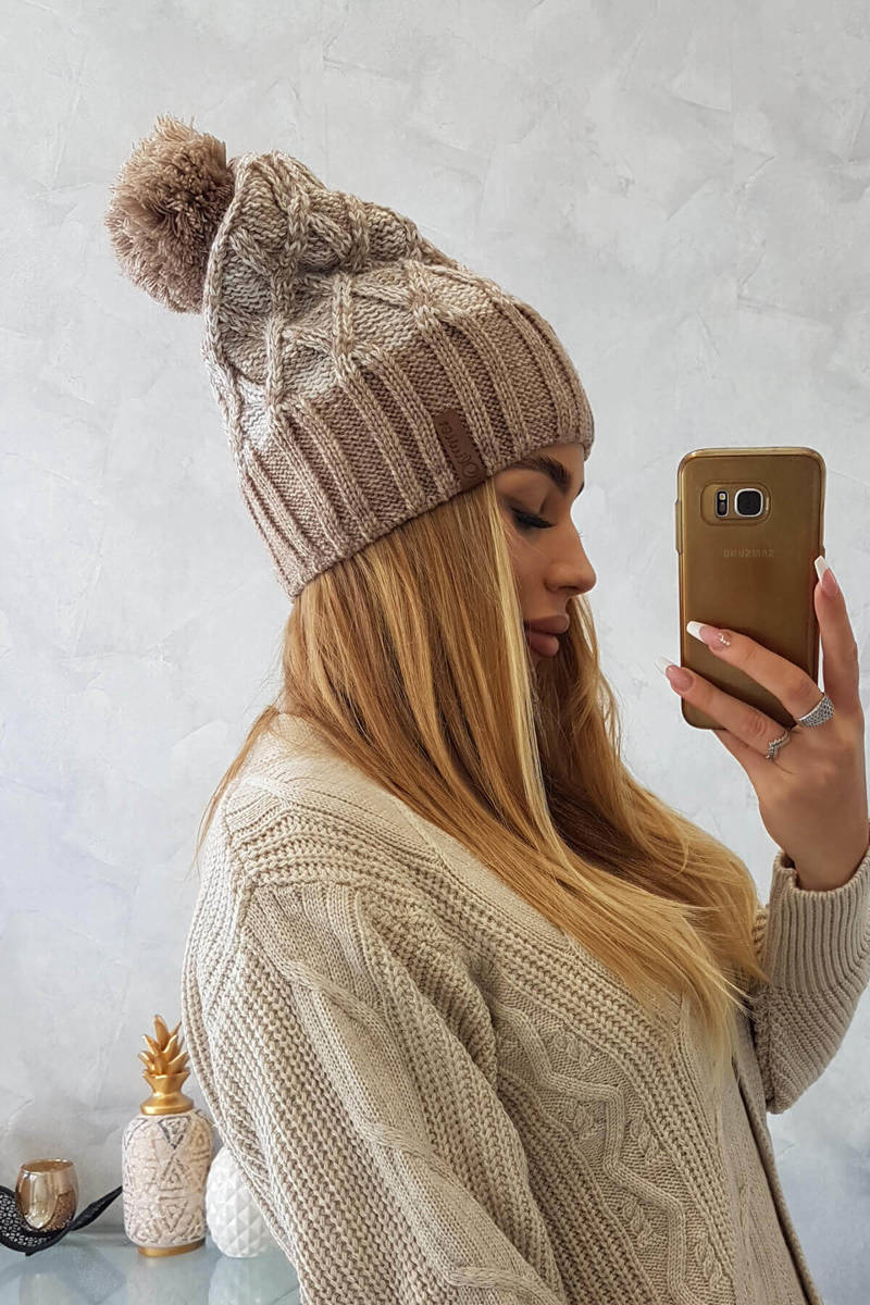 Beanie with fleece Milano K203 ecru melange+dark beige