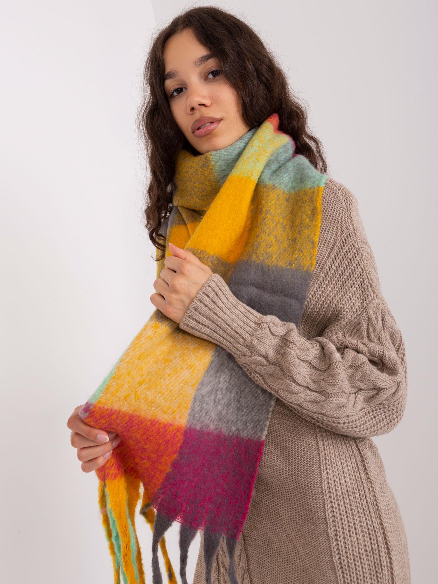 Yellow and mint long plaid winter scarf