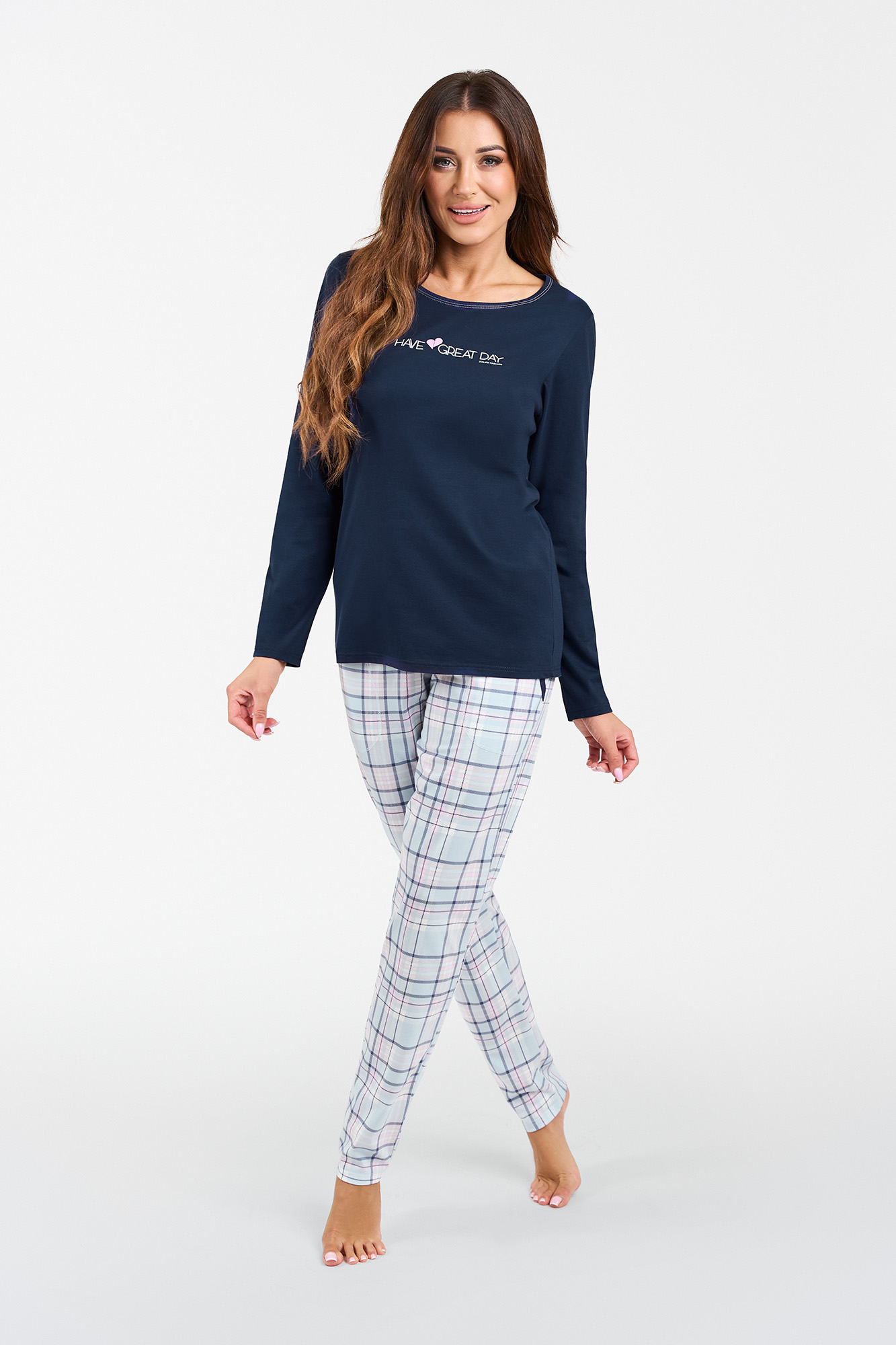Glamour women's pajamas, long sleeves, long pants - navy blue/print