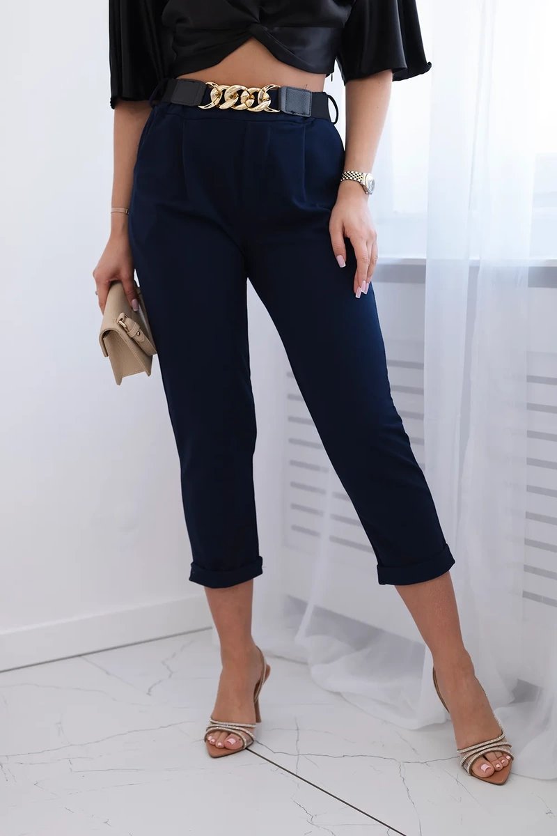 Viscose trousers with decorative belt navy blue