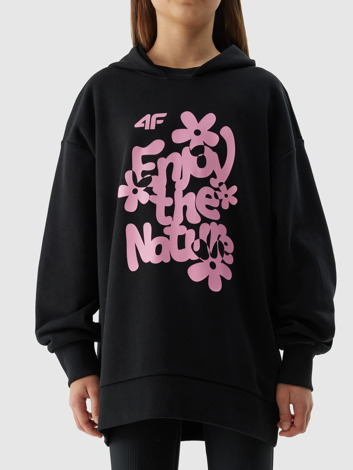 Girls&#039; sweatshirt without fastening and hooded 4F - black