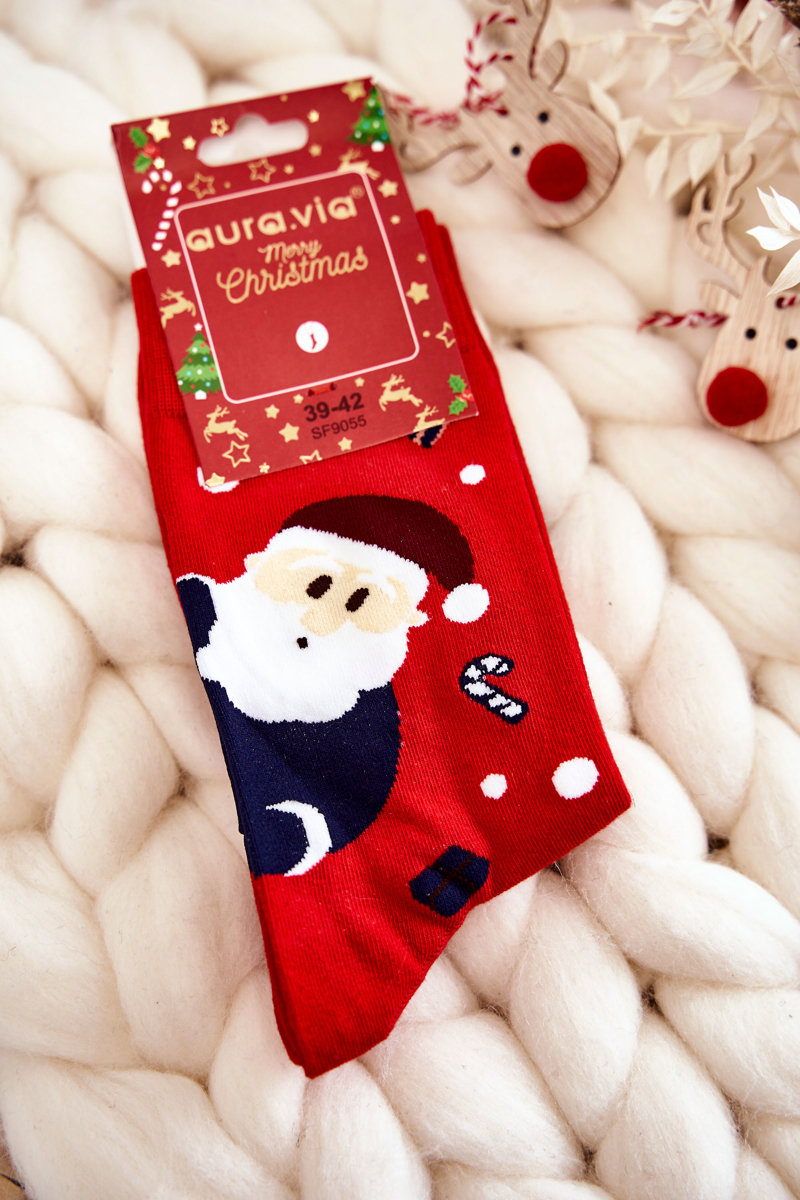 Levně Pánské vánoční bavlněné ponožky s Santa Clausem a soby červene