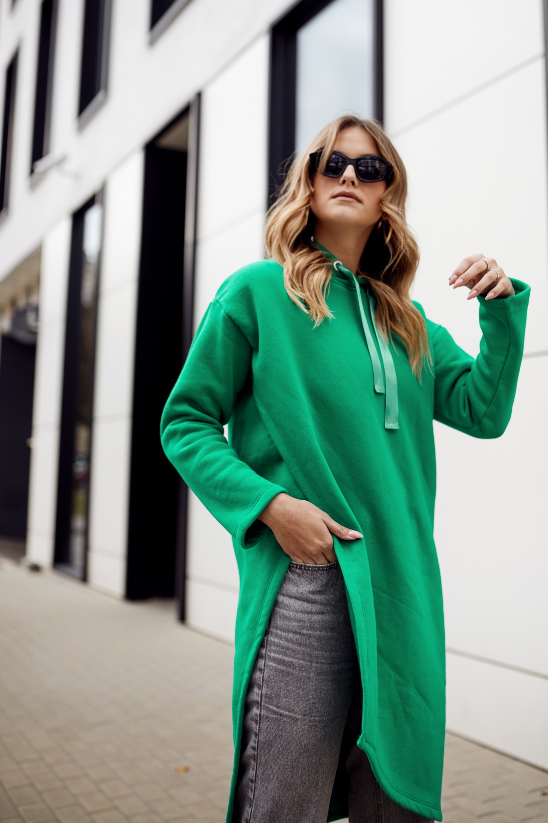 Oversized Warm Green Tunic With Asymmetrically Cut Side