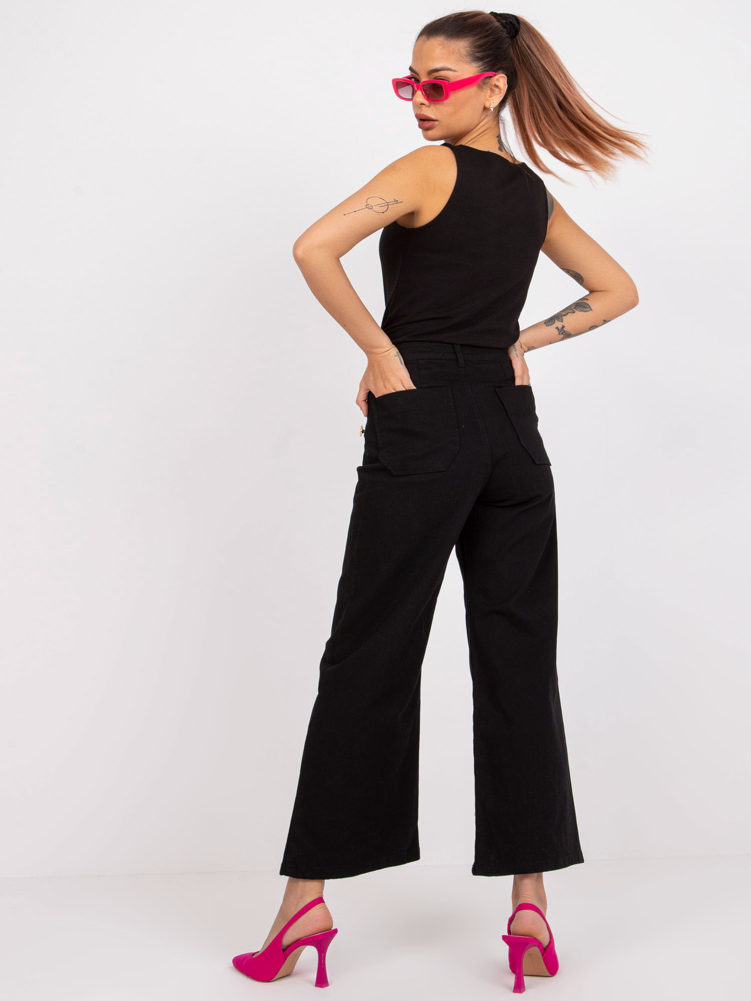 Jeans Marianne RUE PARIS din denim negru cu nasturi decorativi