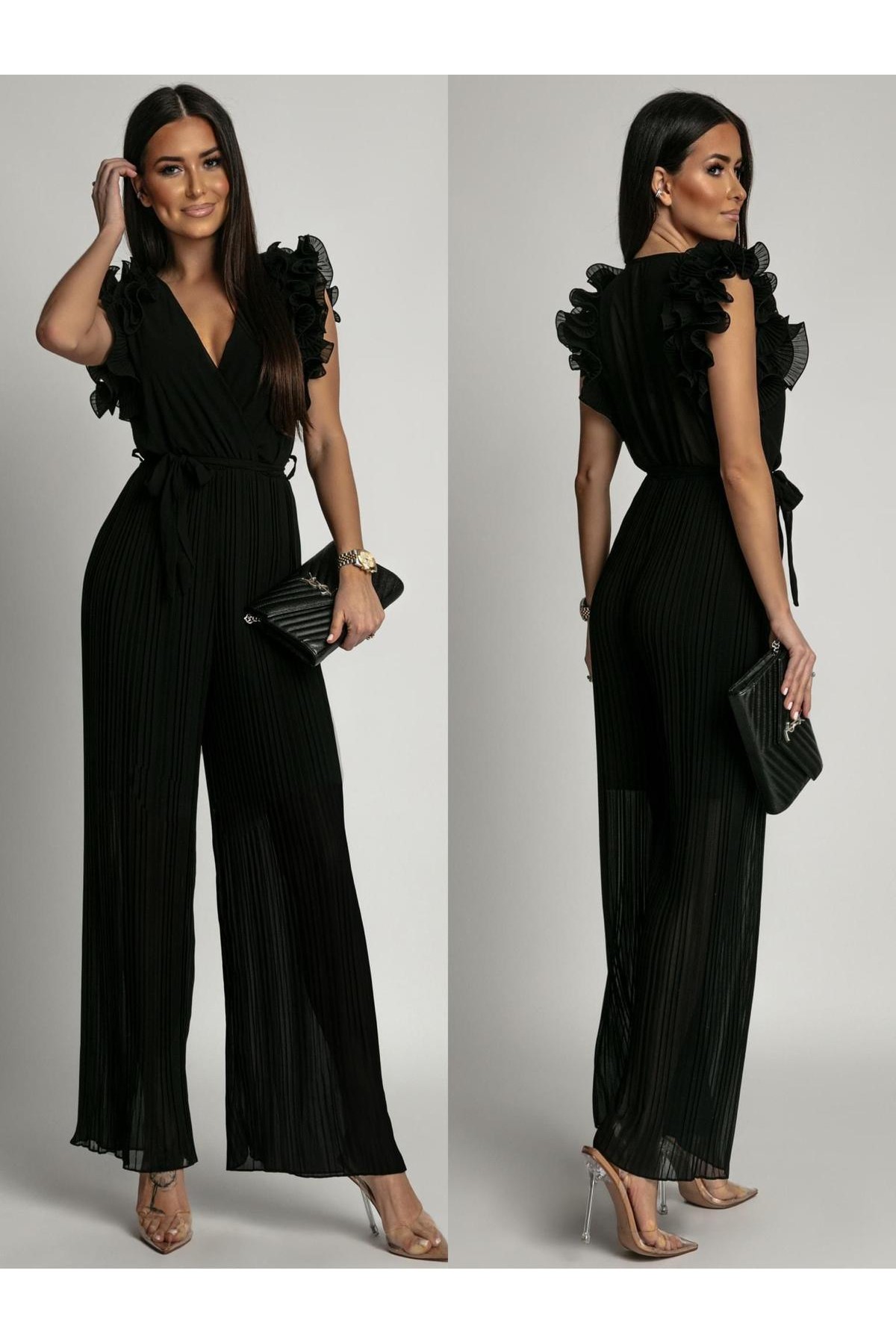 Pleated jumpsuit with frills, black