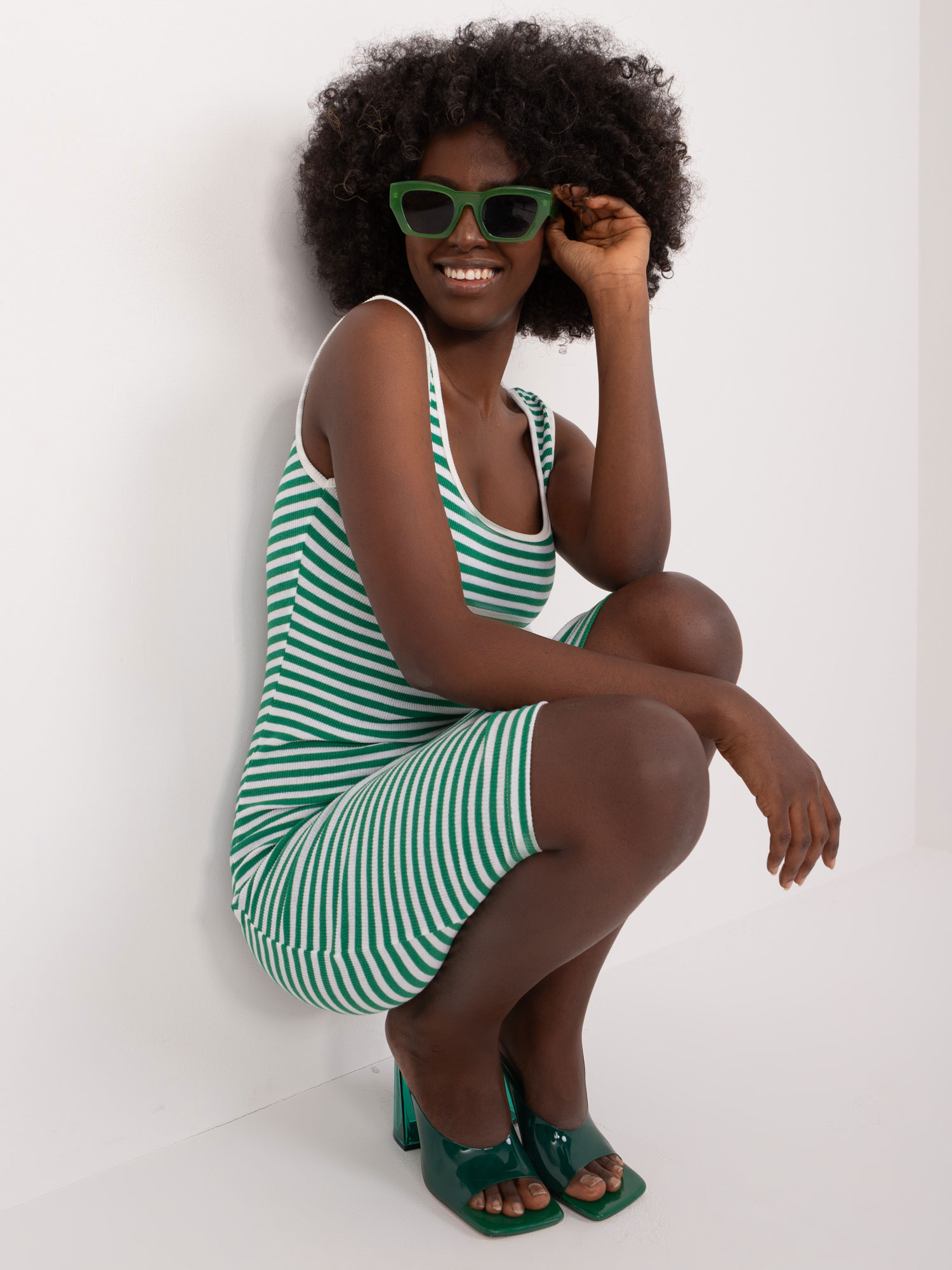 Green and White Striped Cotton Base Dress