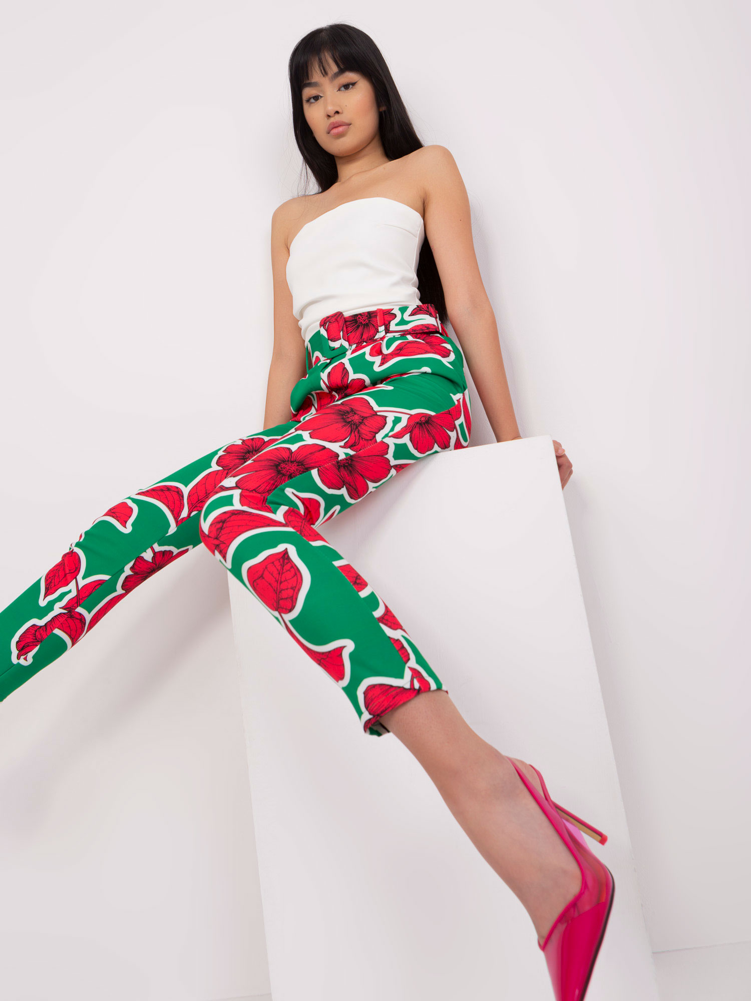 Levně Zeleno-růžové elegantní kalhoty s potiskem