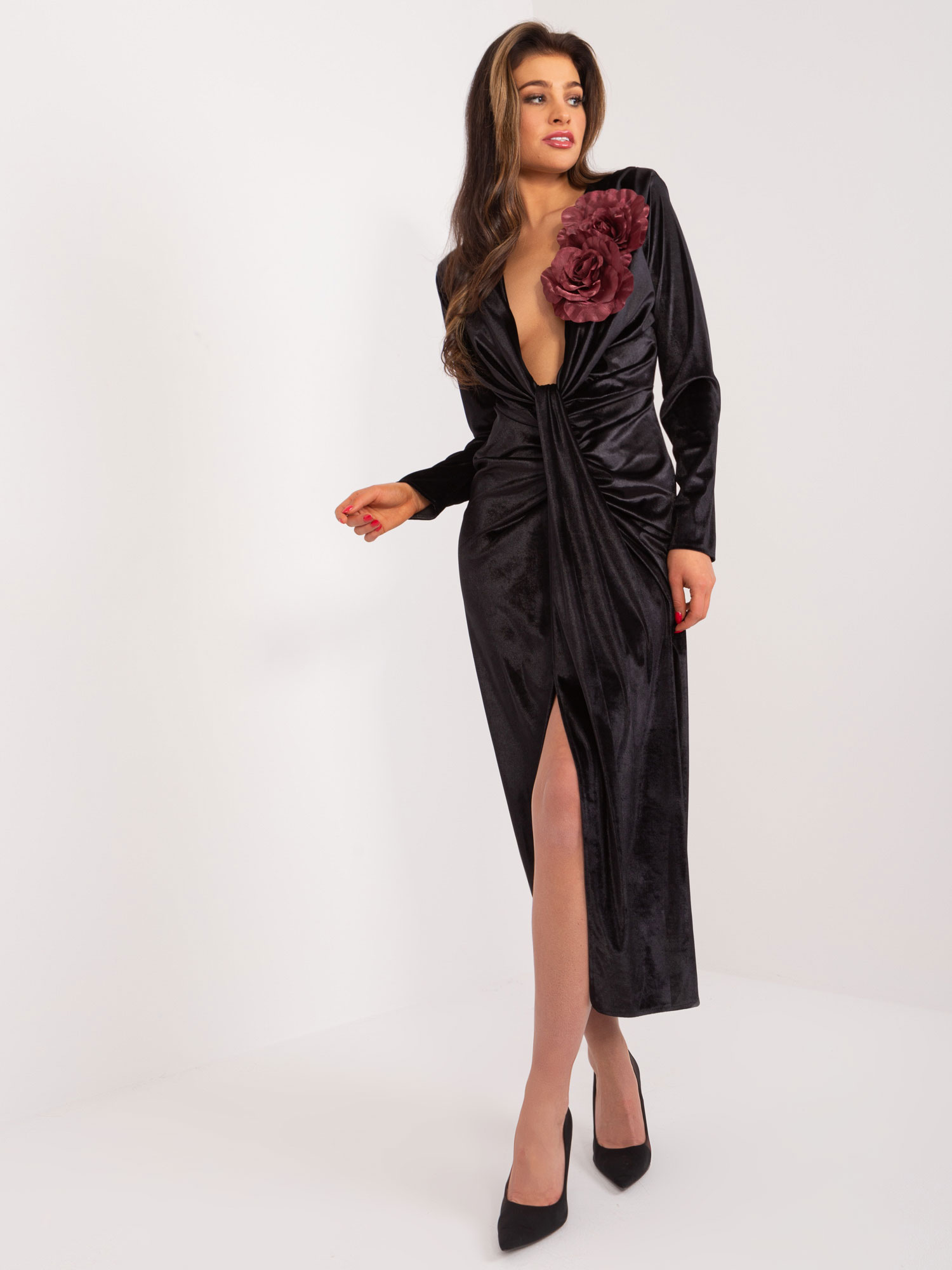 Black velvet evening dress with slit
