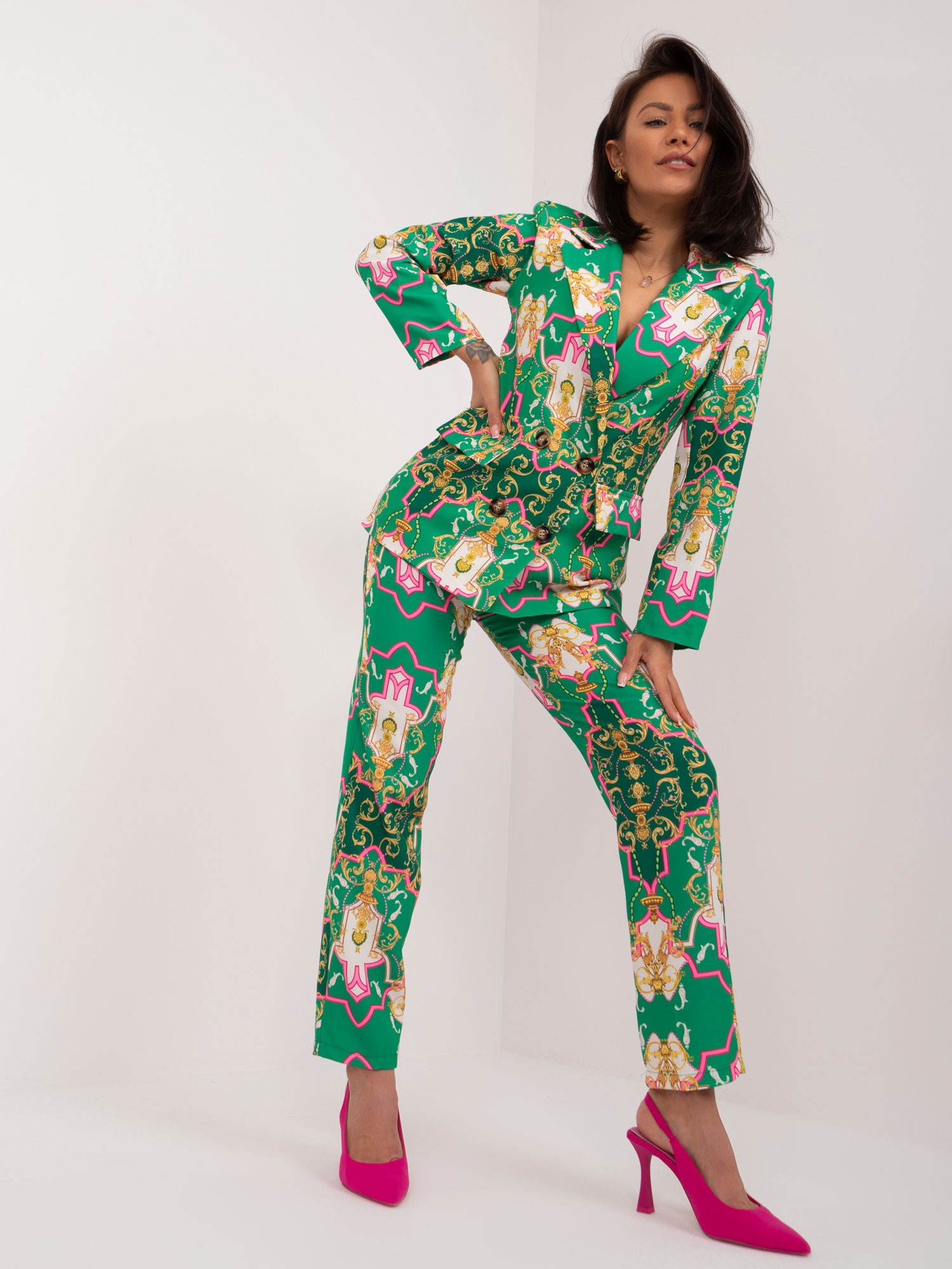 Green two-piece set with button-down trousers
