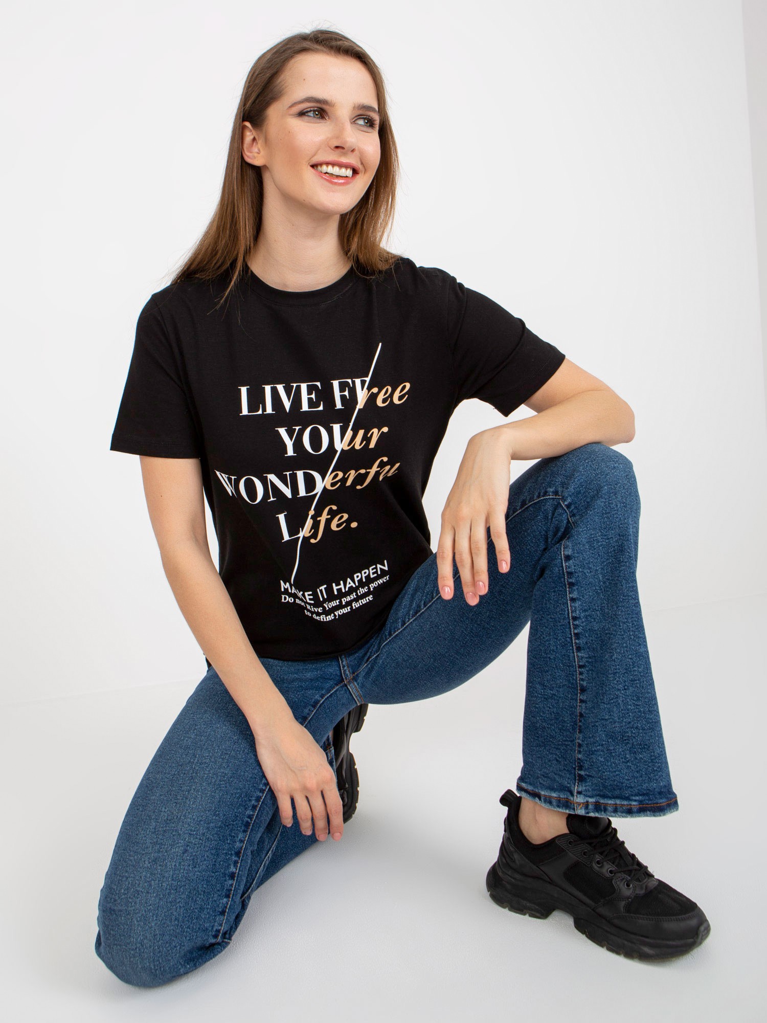 Black Women's T-shirt With Inscriptions And Round Neckline