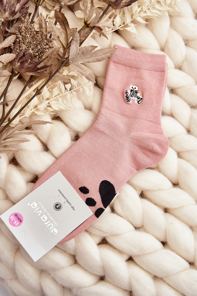 Women's cotton socks with pink teddy bear applique