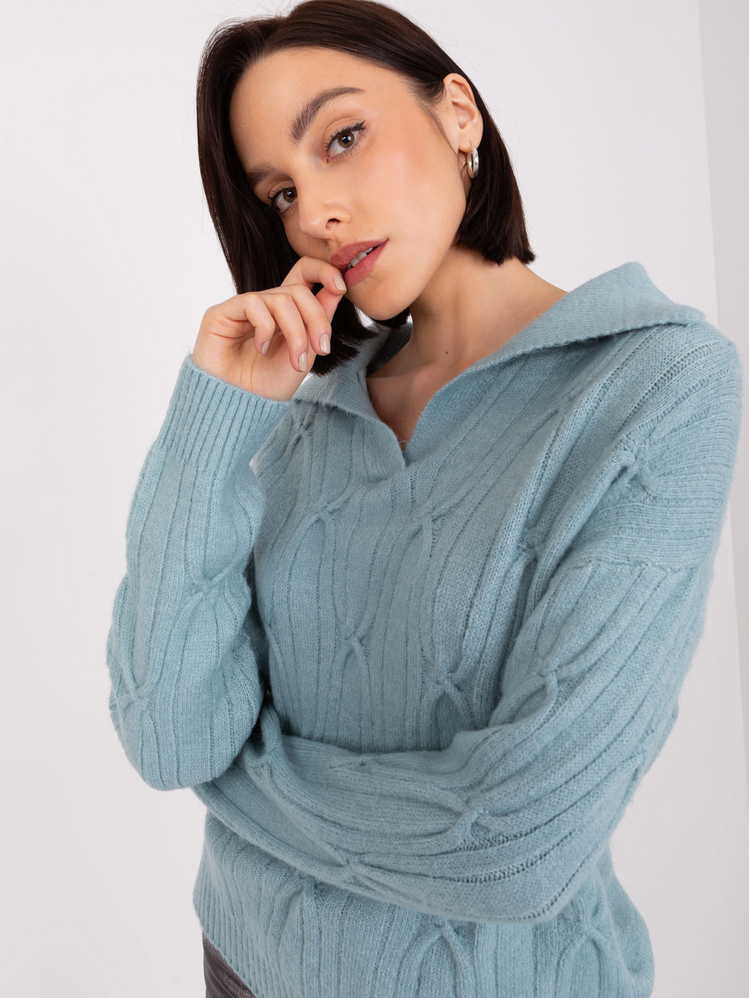 Mint sweater with cables, loose fit