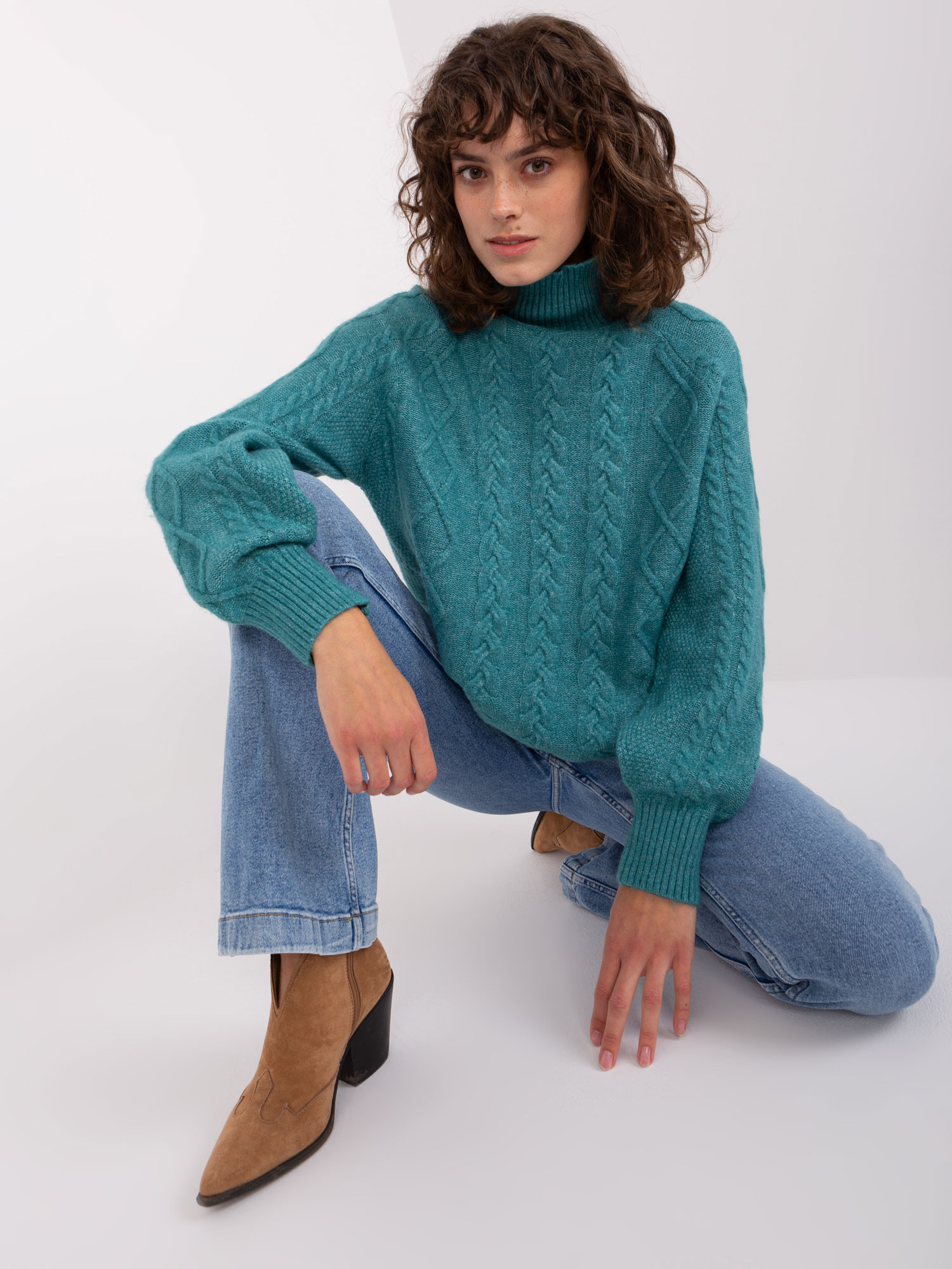 Turquoise cable knit turtleneck sweater