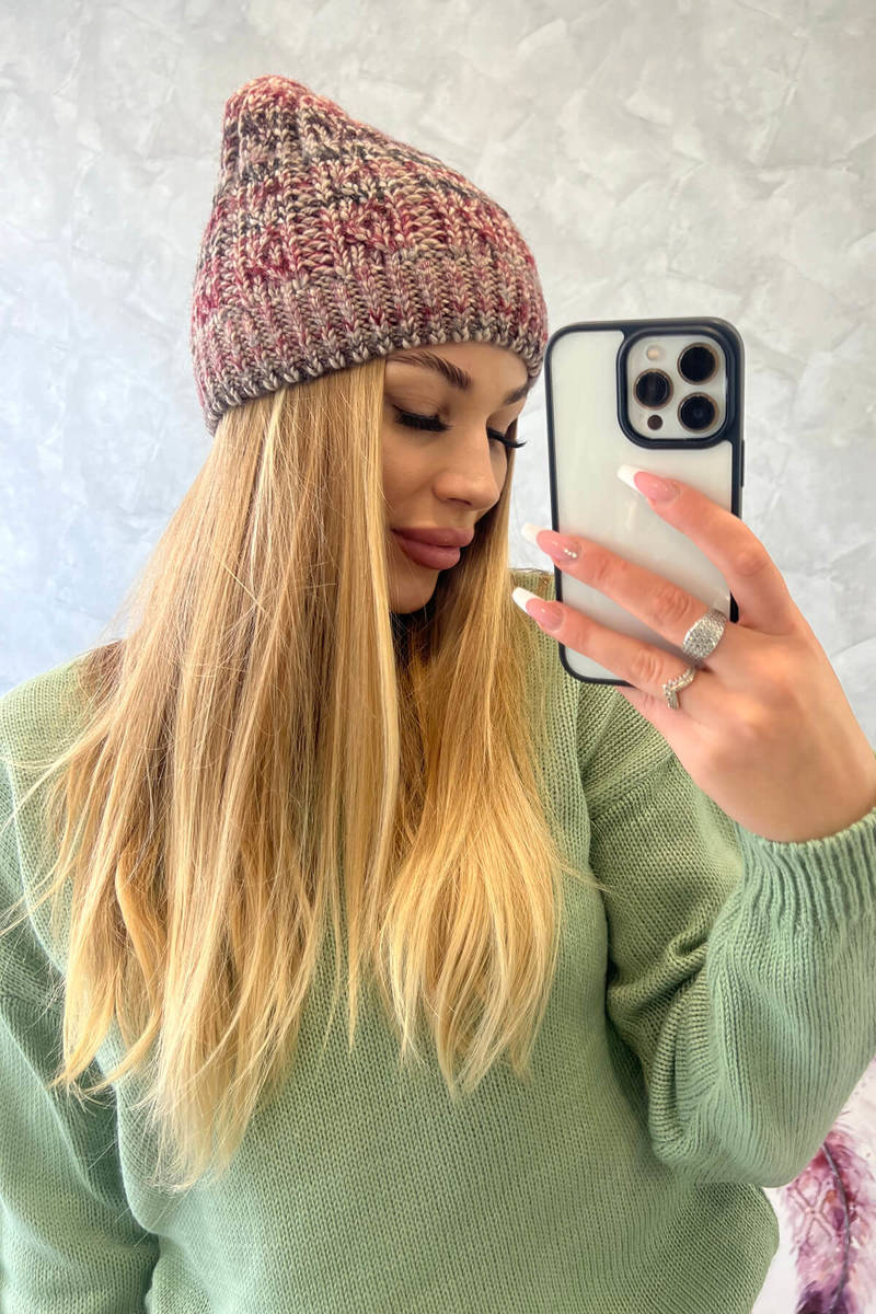 Beanie with fleece Melisa K241 burgundy + beige
