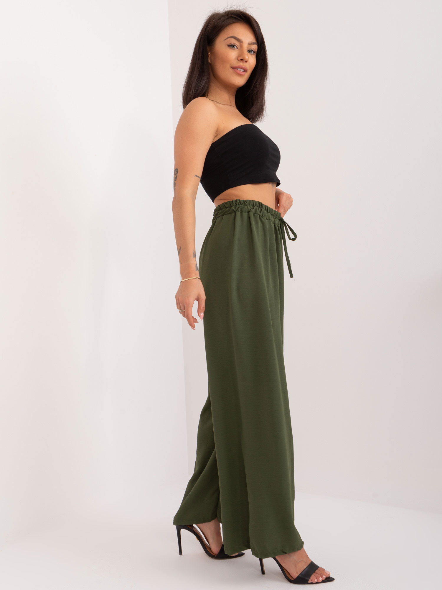 Khaki airy wide trousers made of fabric