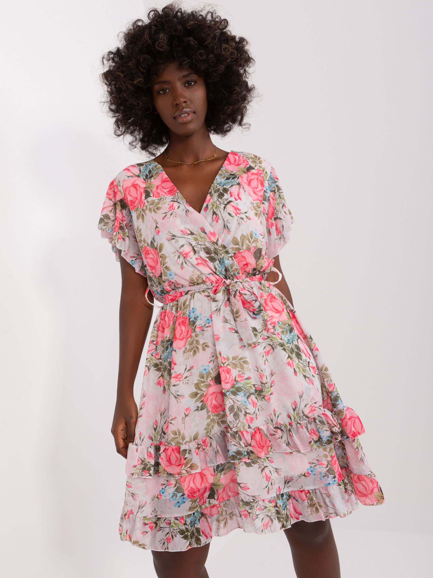 Light gray and pink floral dress with ruffle