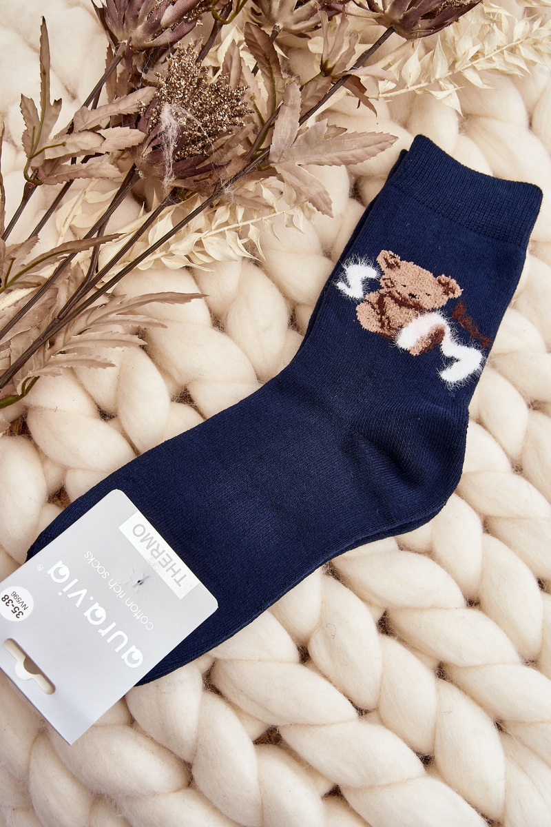 Warm cotton socks with teddy bear, navy blue