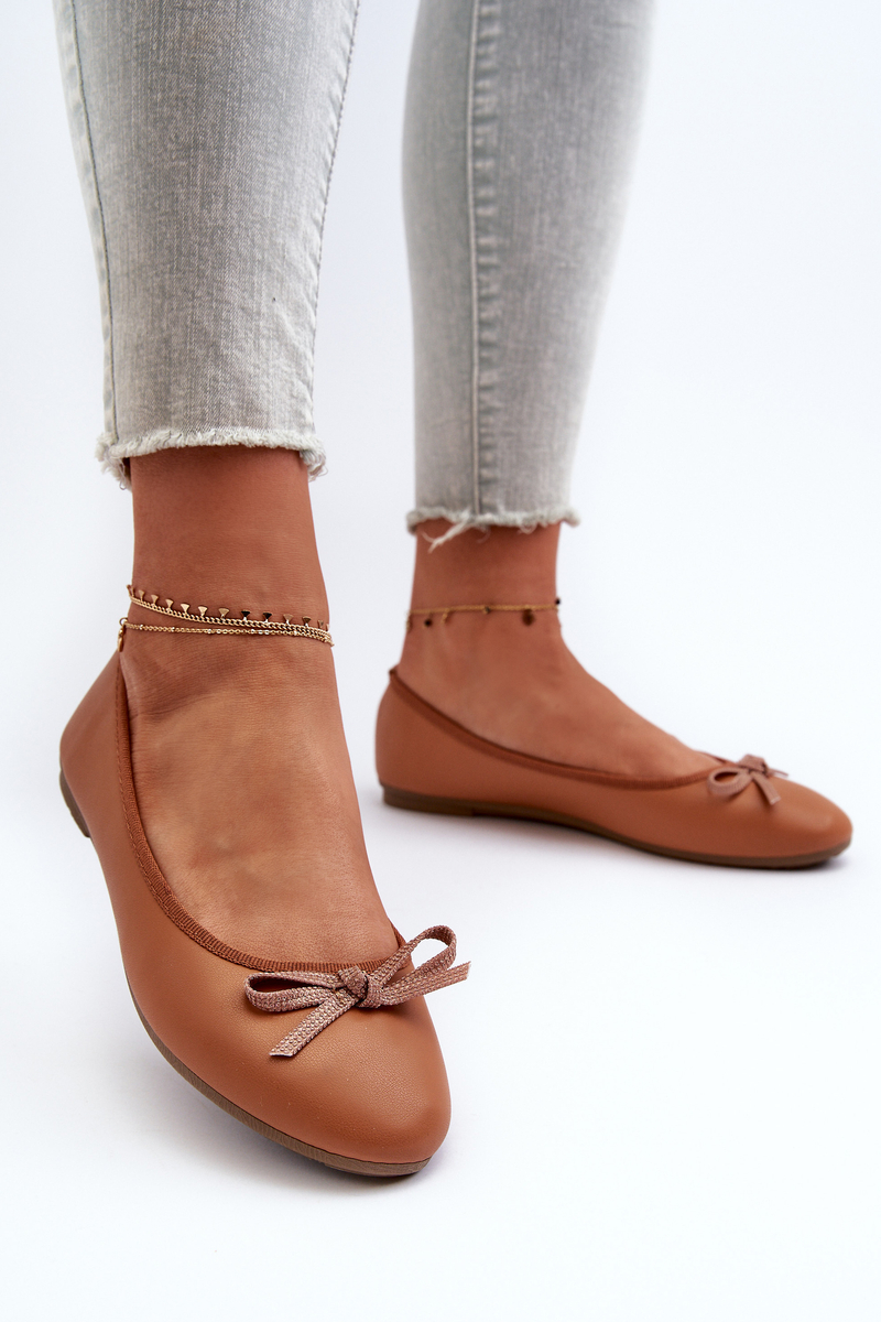 Eco-friendly leather ballet flats with bow camel sandelal