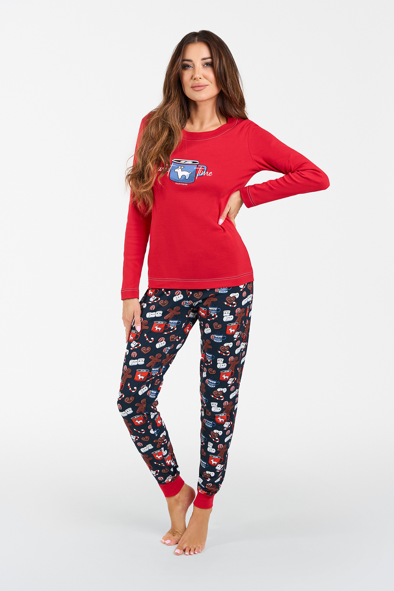 Makala Women's Pajamas Long Sleeves, Long Legs - Red/print