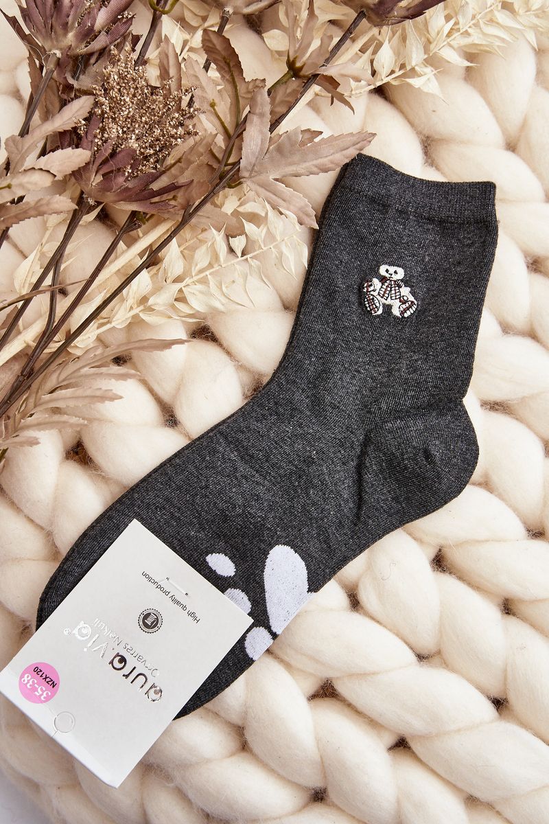 Levně Dámské bavlněné ponožky s nášivkou medvídka, tmavě šedé
