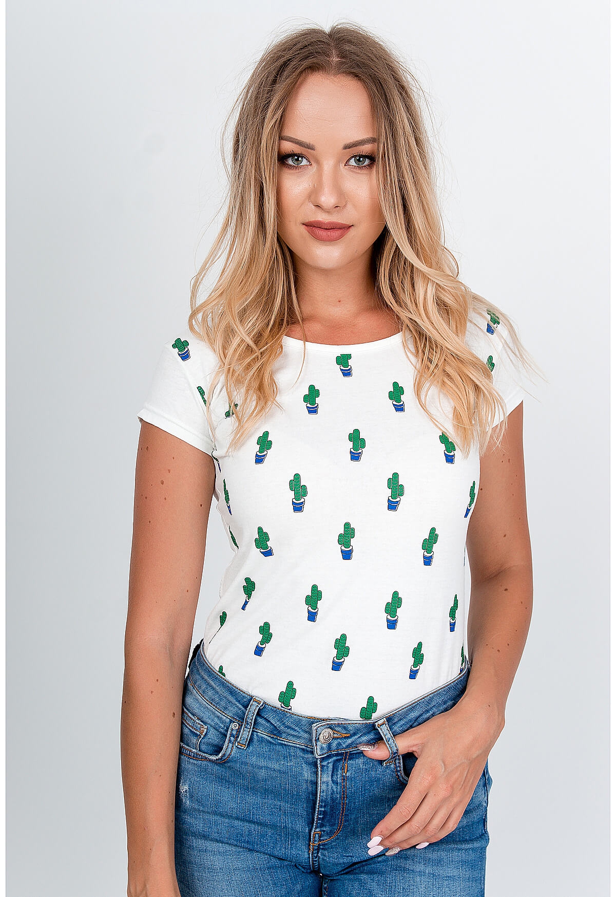 Women's T-shirt With Cactus Motif - White,