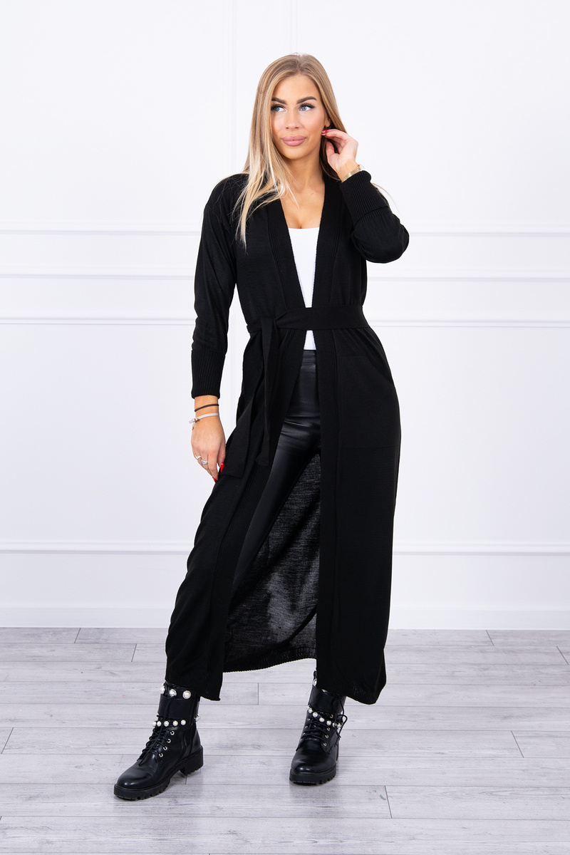 Long cardigan sweater with tie at waist black