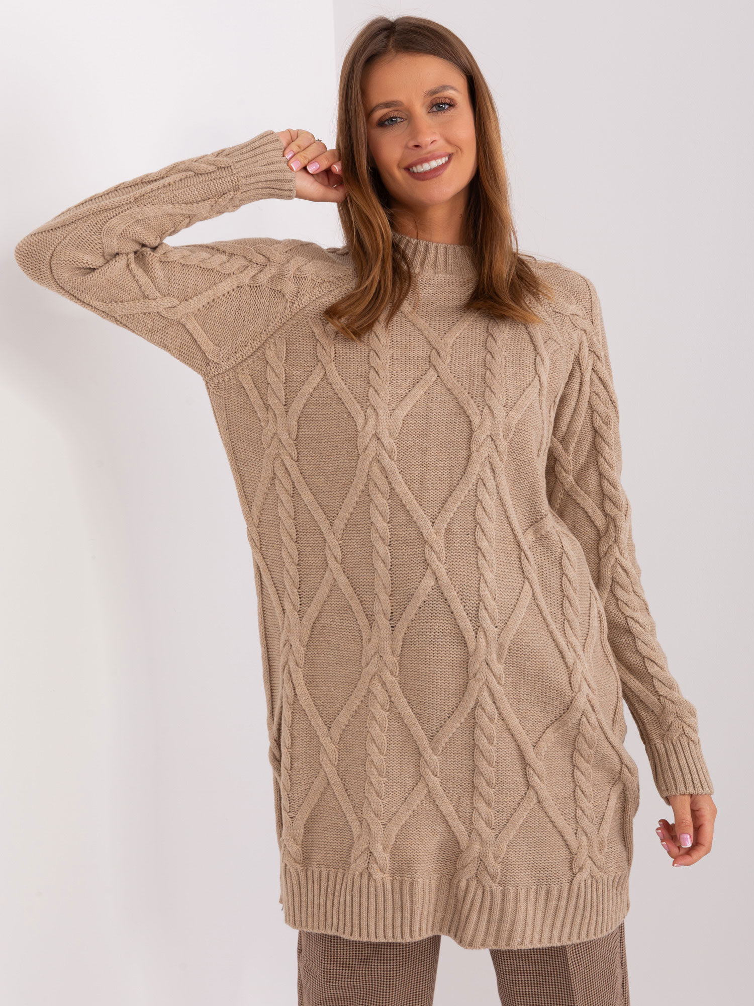 Dark Beige Sweater With Cables