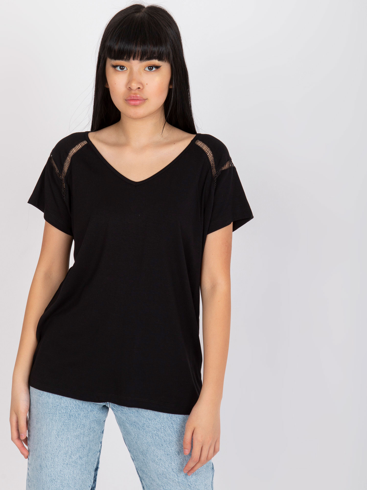 Black viscose casual blouse with cut-outs