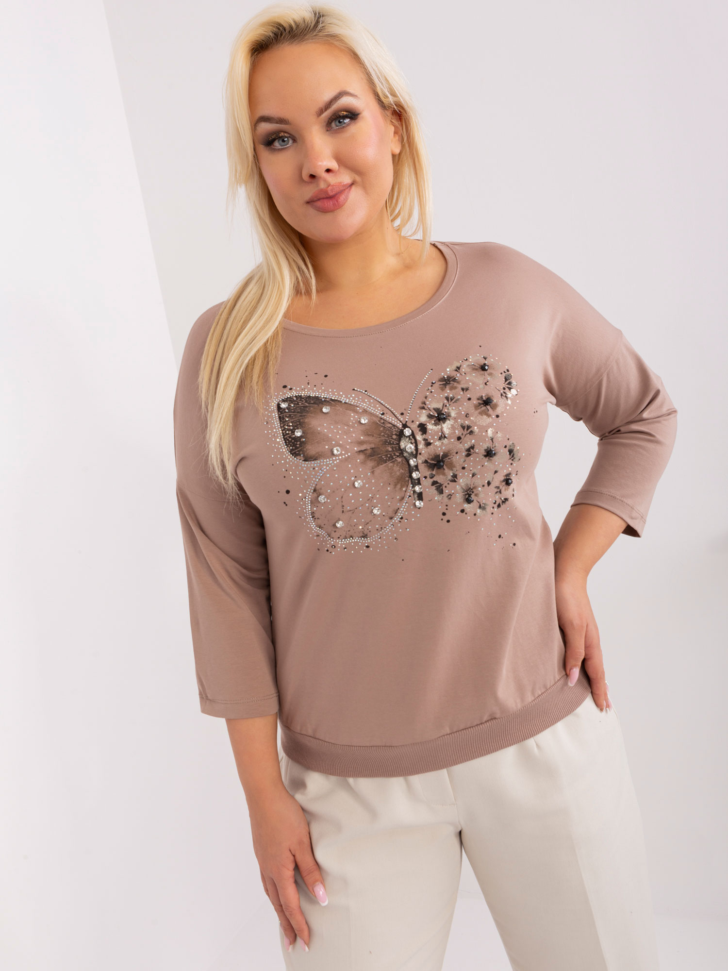 Navy Beige Plus Size Blouse With Butterfly