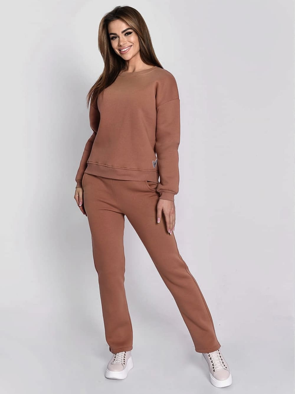 Women's Insulated Tracksuit, Beige Sweatshirt And Loose Trousers