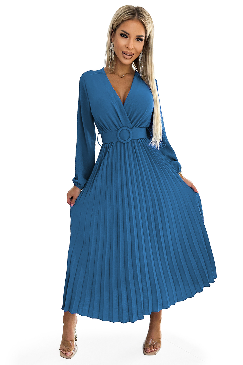 Pleated Midi Dress With A Neckline, Long Sleeves And A Wide Numoco Belt
