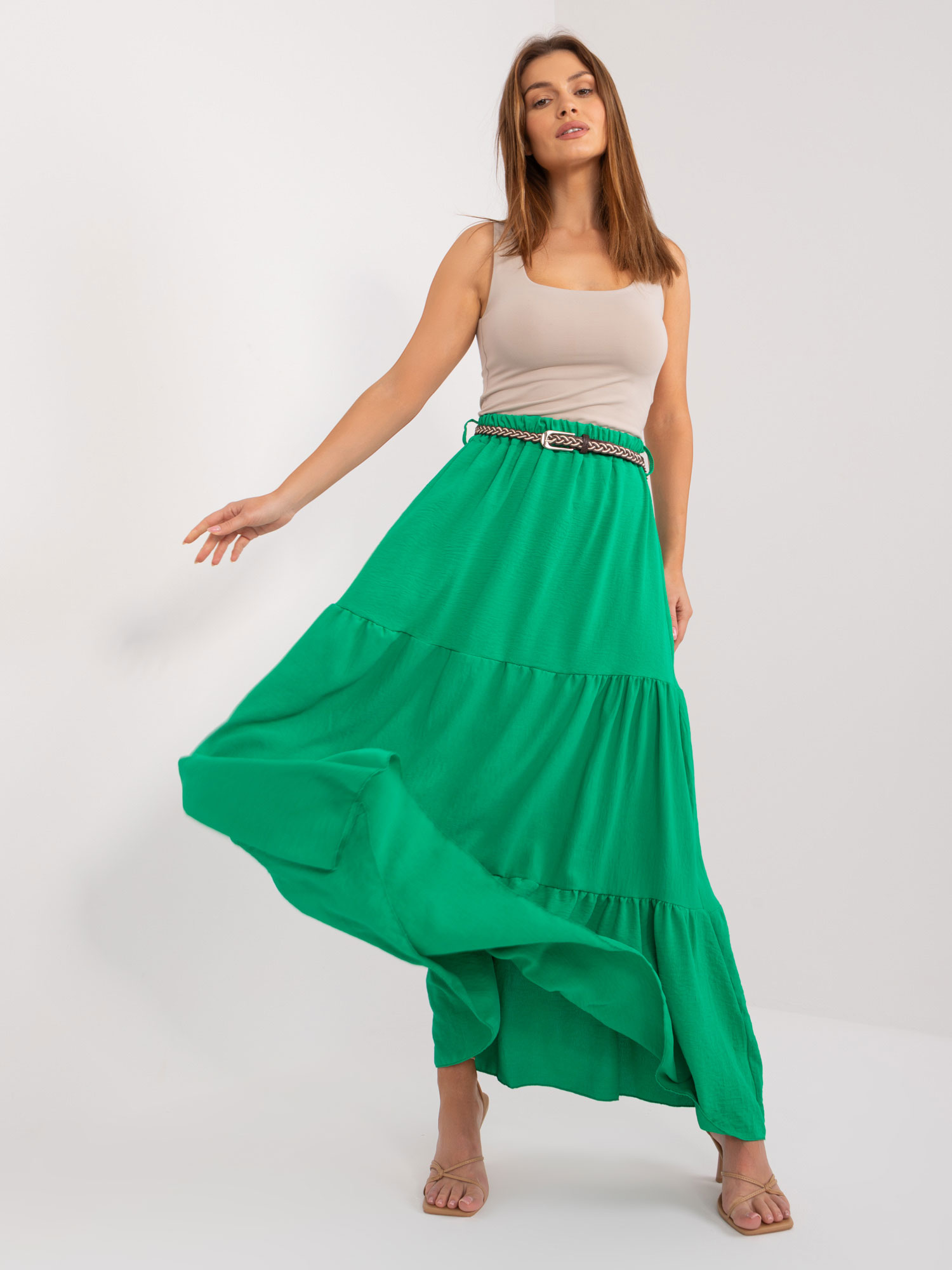 Green plain maxi skirt with ruffles