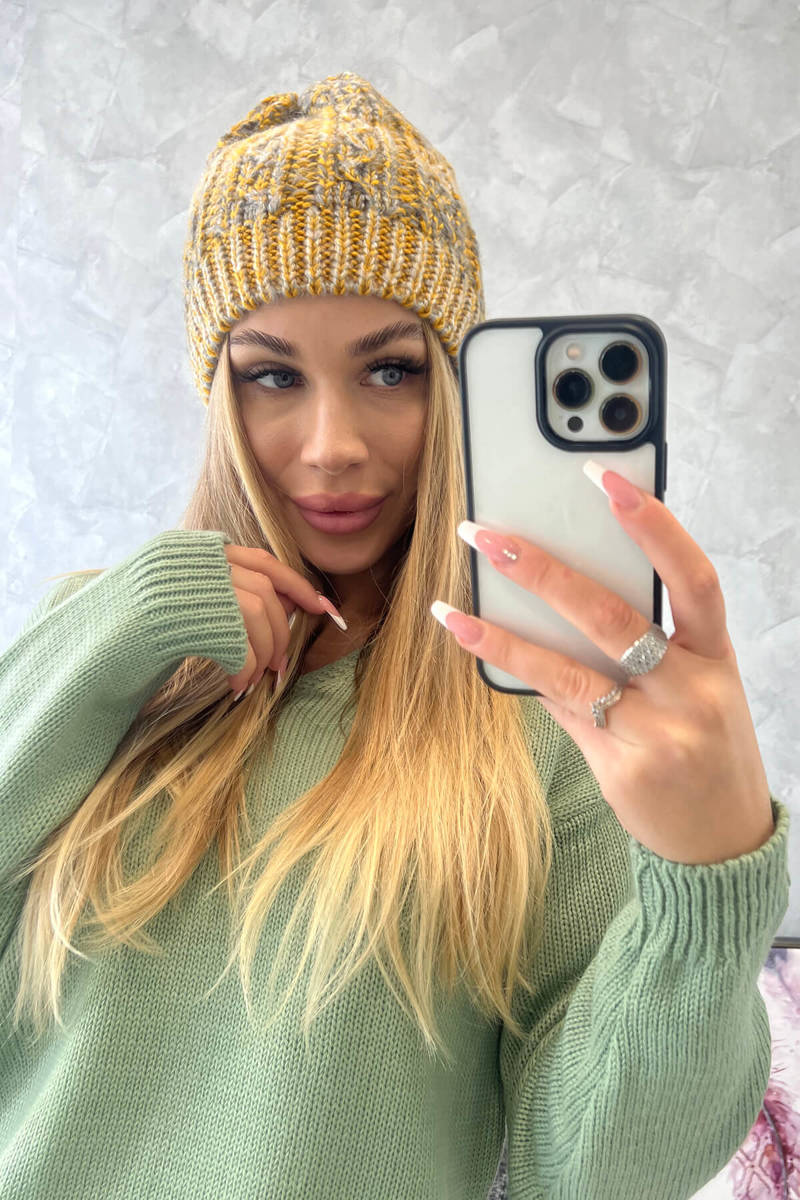 Beanie with fleece Melisa K241 mustard+gray
