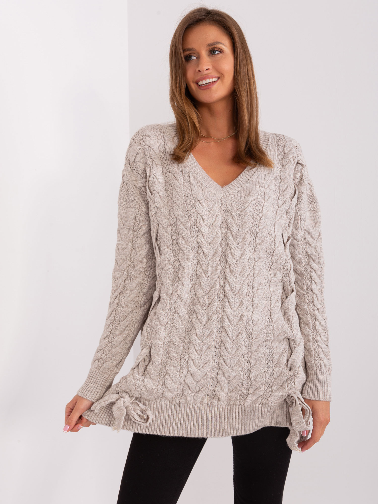 Beige Women's Sweater With Cables