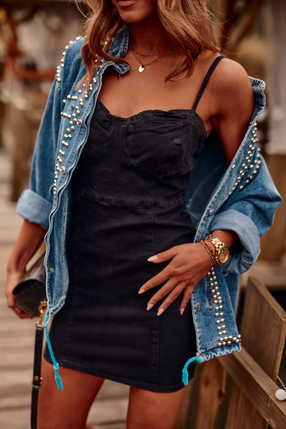 Black denim dress with straps