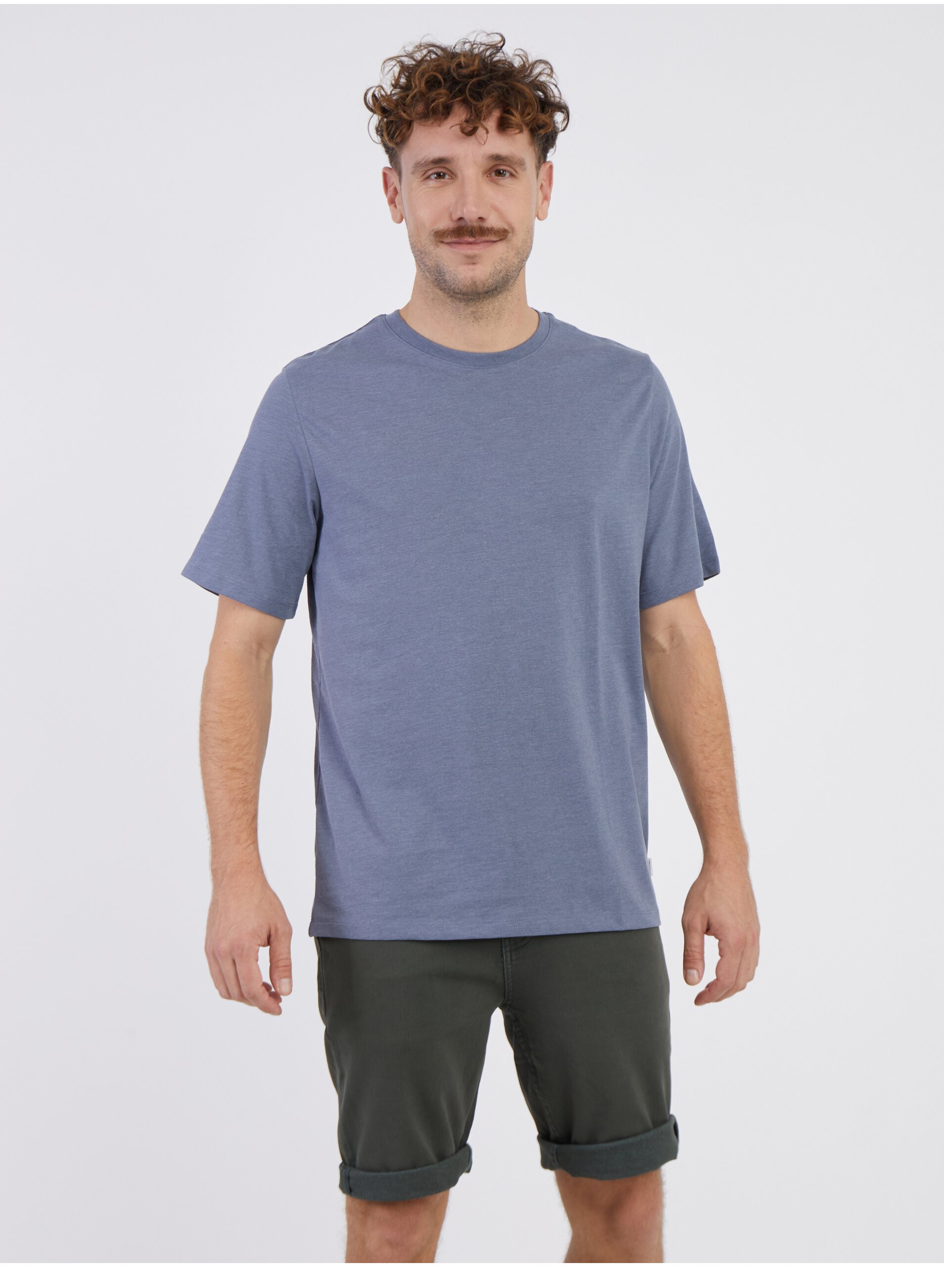 Levně Modré pánské žíhané basic tričko Jack & Jones Organic - Pánské