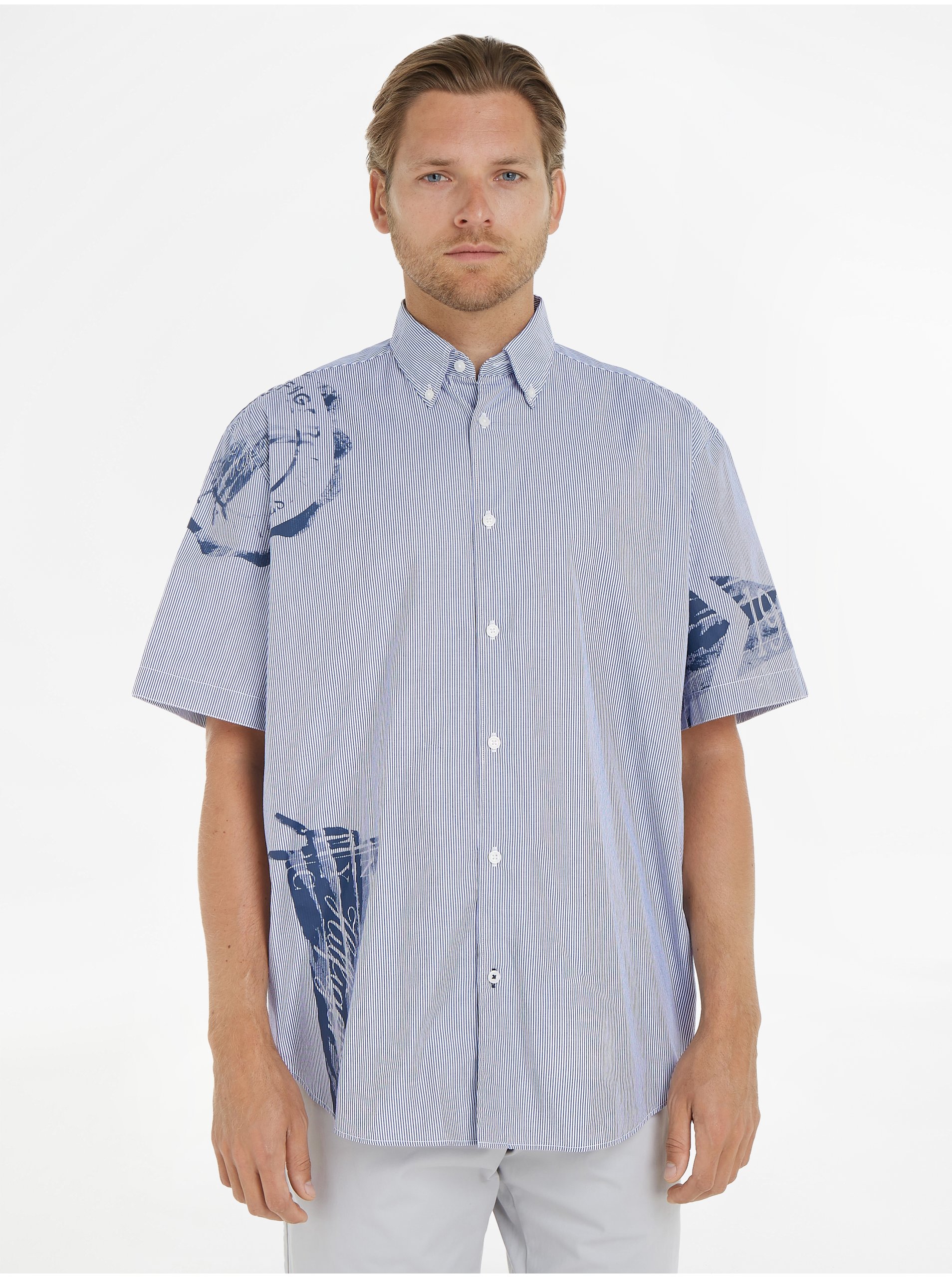 Levně Modrá pánská vzorovaná košile Tommy Hilfiger - Pánské