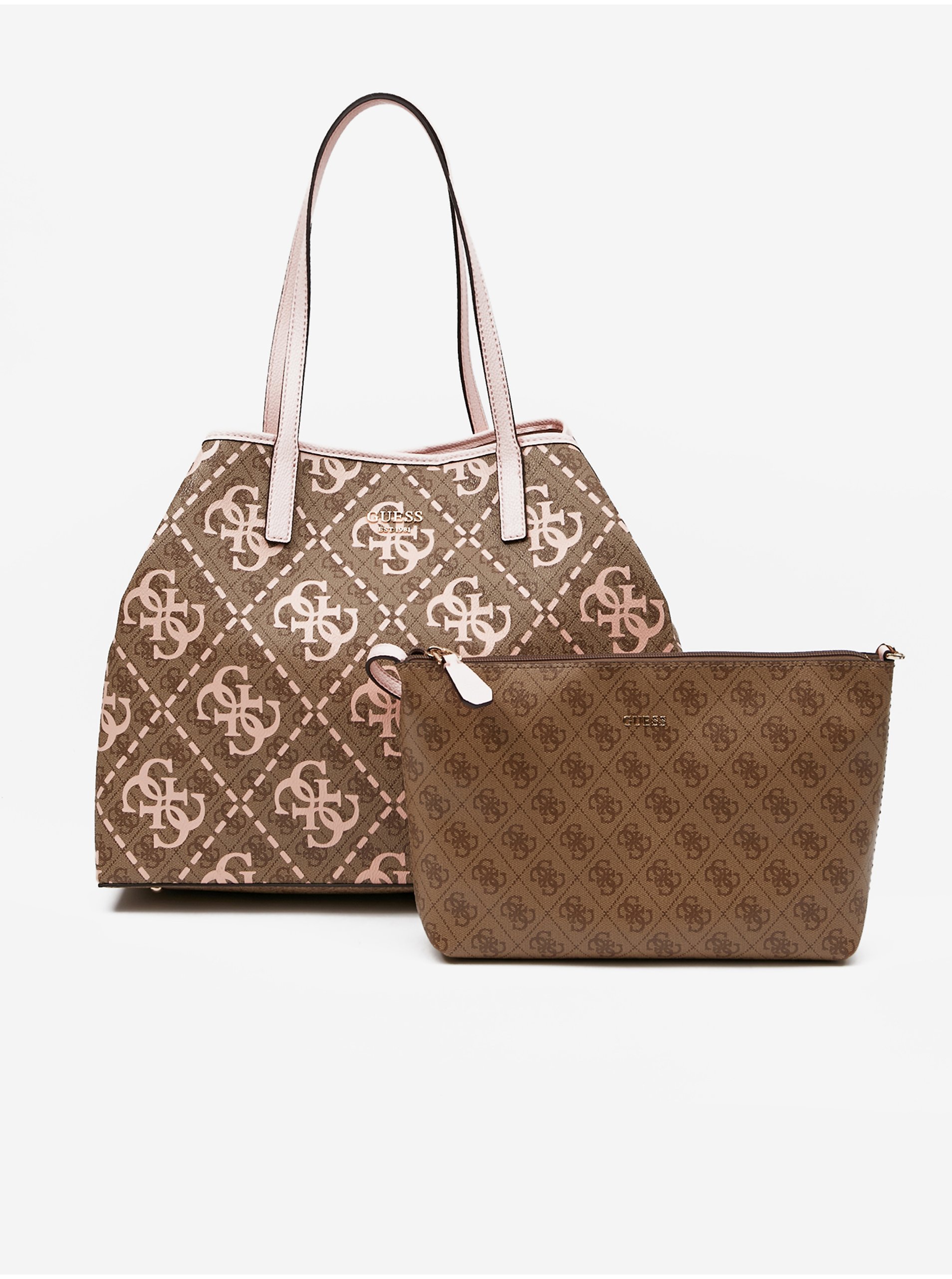 Brown Ladies Patterned Handbag 2in1 Guess Vikky Tote - Women