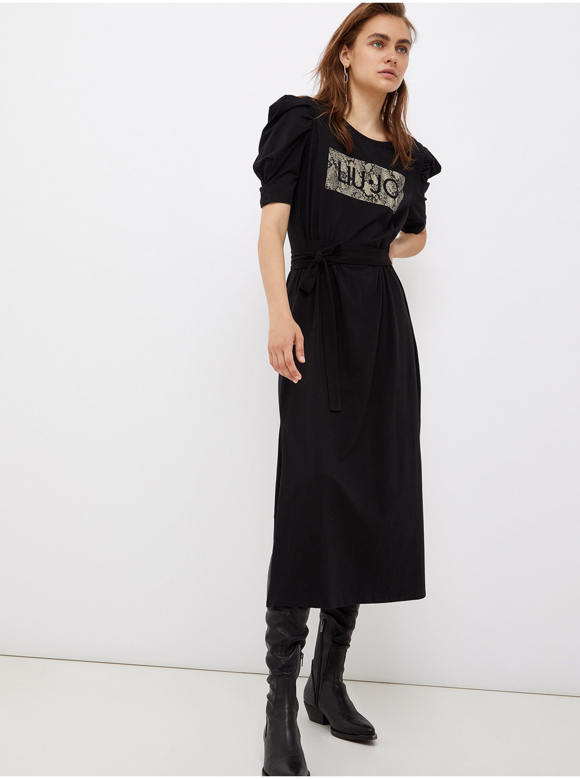 Black Ladies Midi Dress with Pleated Sleeves Liu Jo - Ladies