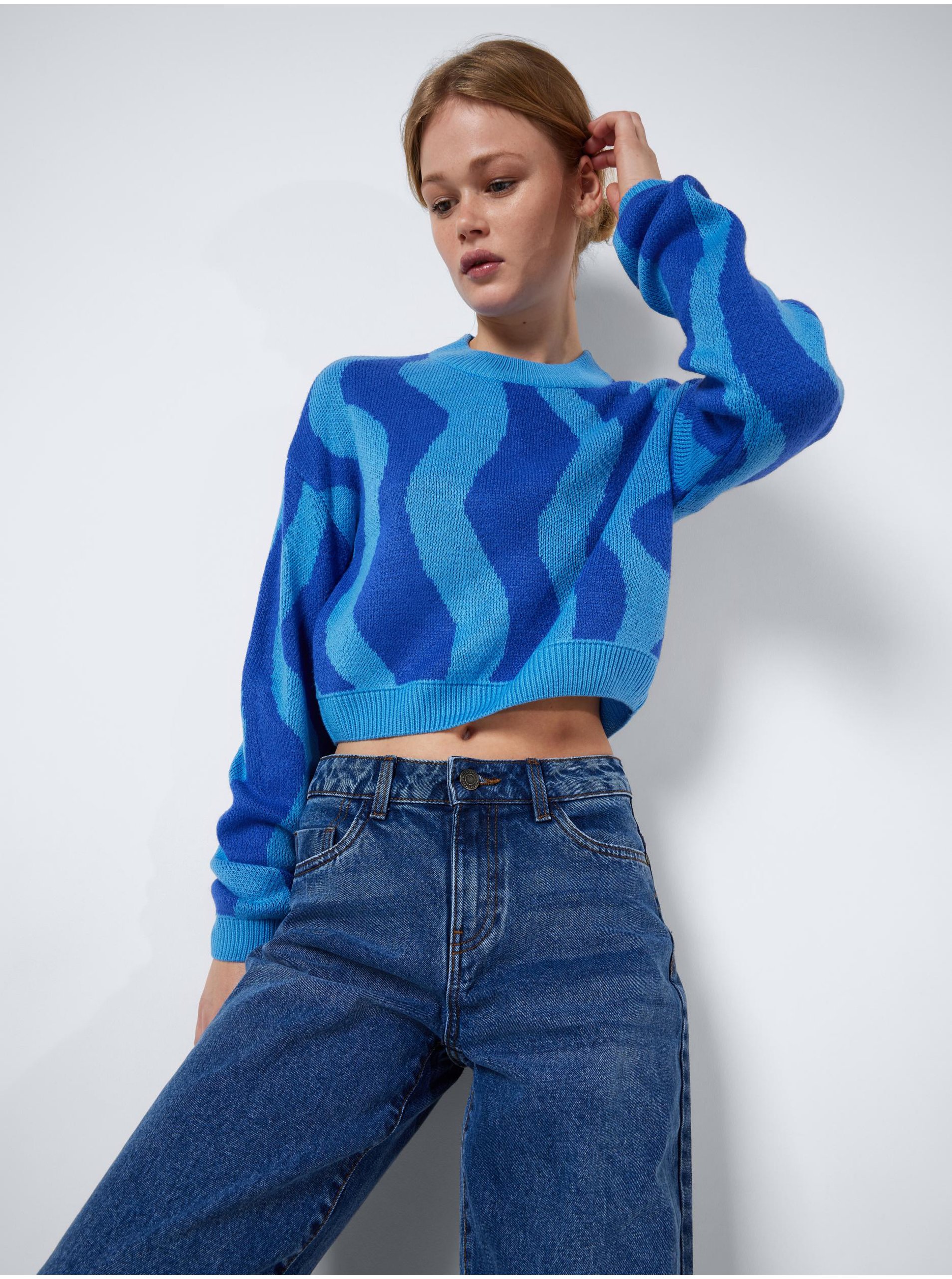 Blue Women Patterned Cropped Sweater Noisy May Cosmic - Women