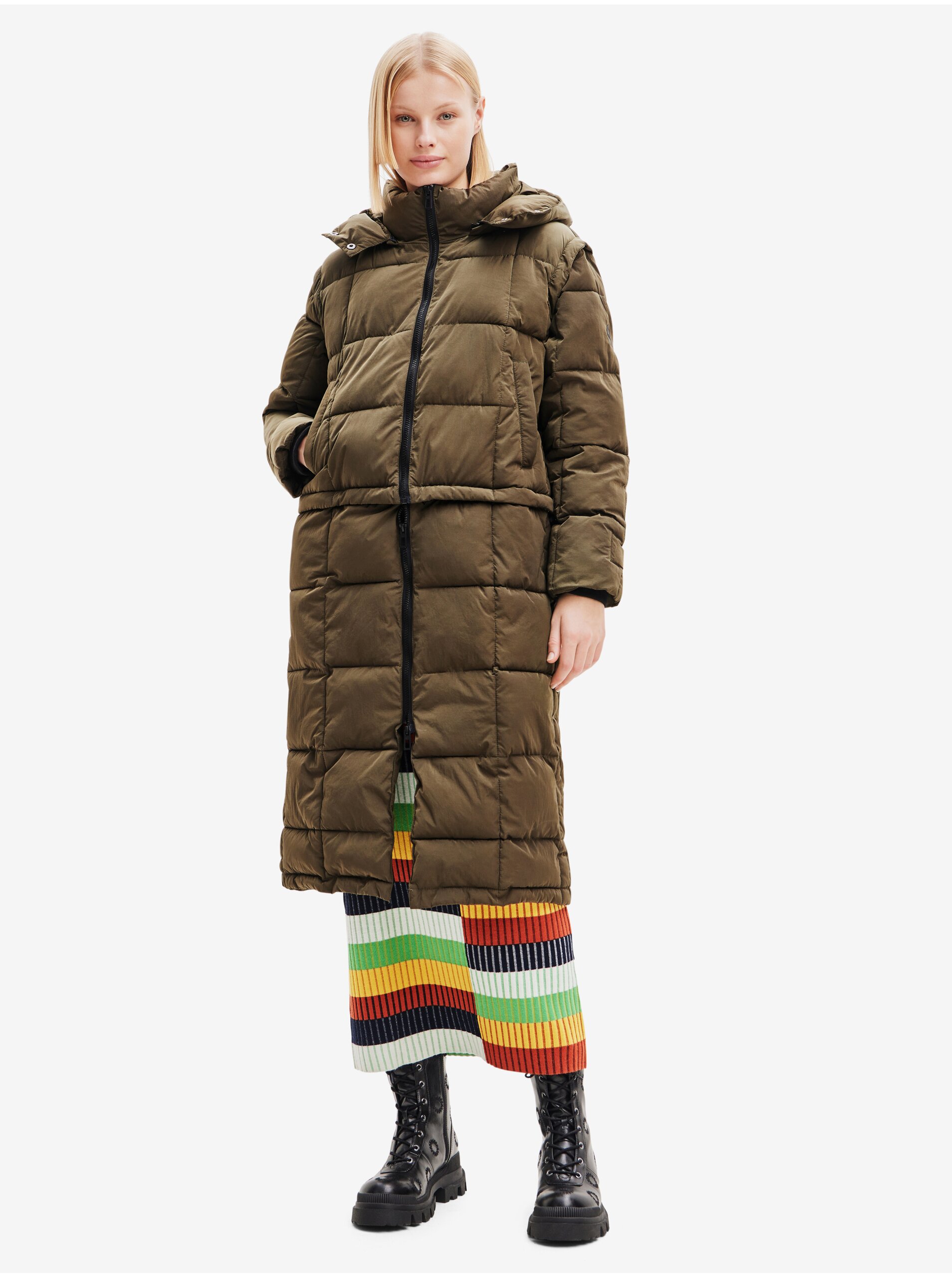 Khaki Desigual Tetris Winter Quilted Jacket - Ladies
