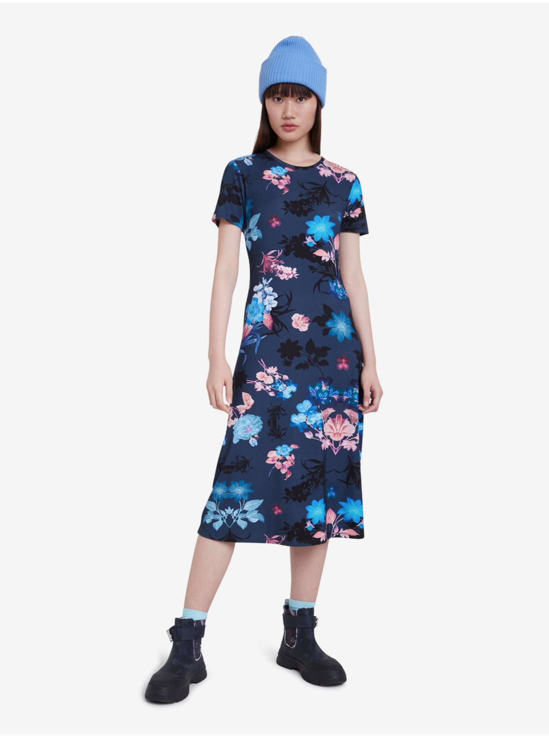 Desigual Blue Floral Midi Dress Vest Bouquet