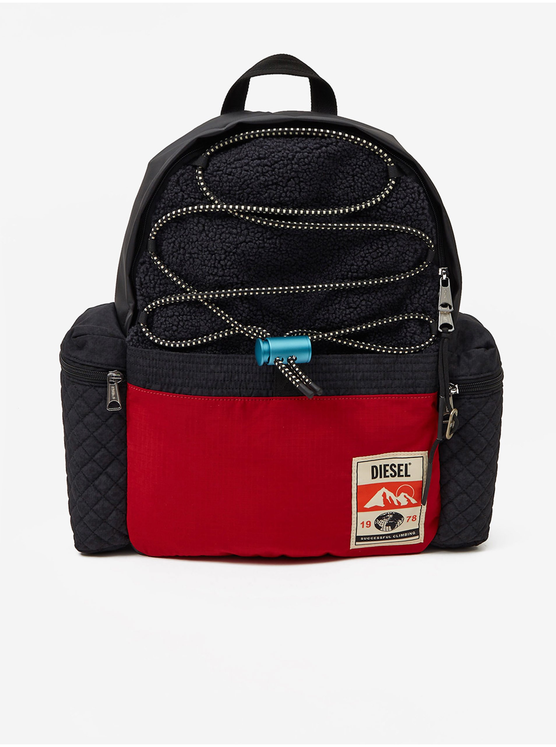 Levně Červeno-černý pánský batoh s umělým kožíškem Diesel - Pánské