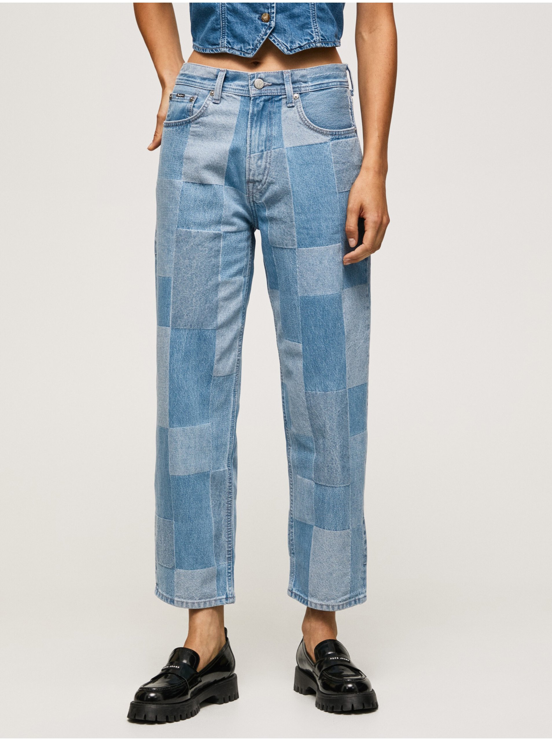 Levně Modré dámské zkrácené straight fit džíny Pepe Jeans Dover Weave - Dámské