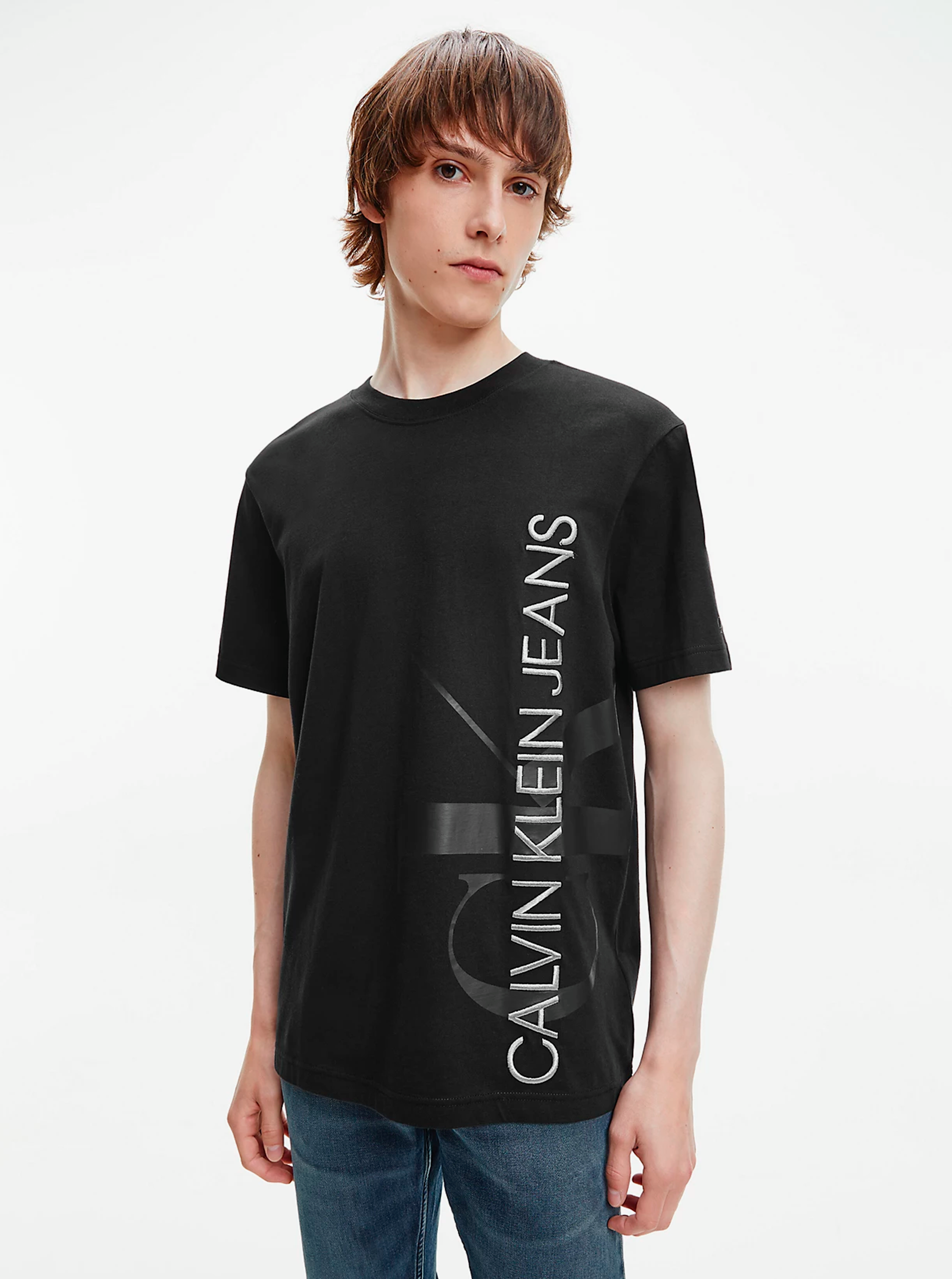 Black Men's T-Shirt with Calvin Klein Vertical Logo Tee - Men's
